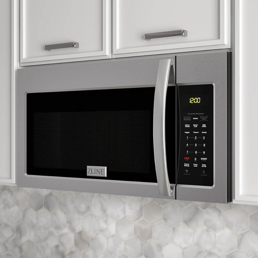 ZLINE Stainless Steel Over the Range Convection Microwave Oven with Modern Handle (MWO-OTR-30) close-up, lifestyle.