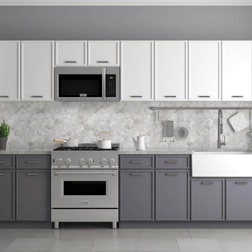 ZLINE Stainless Steel Over the Range Convection Microwave Oven with Modern Handle (MWO-OTR-30) in a modern luxury kitchen over a range