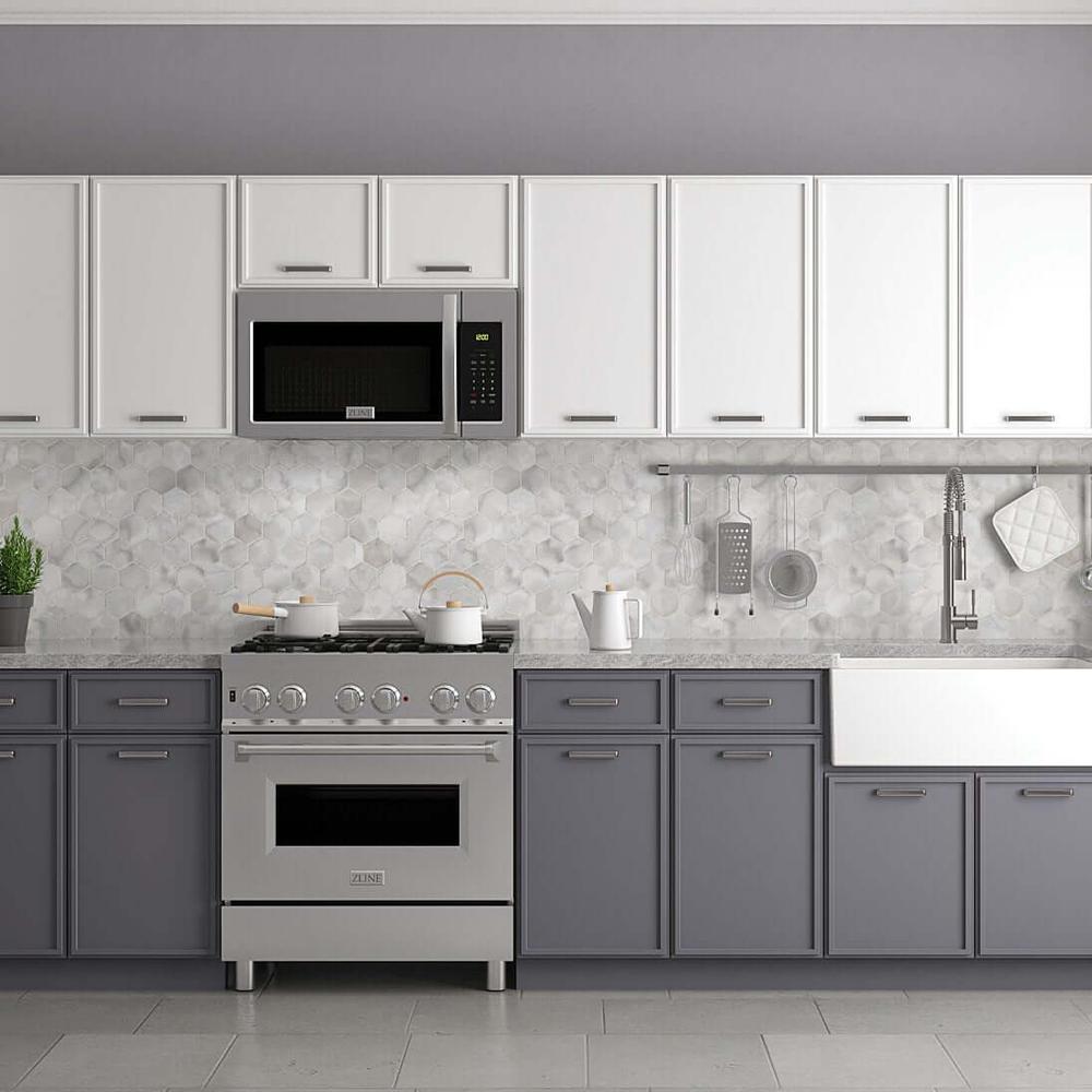 ZLINE Stainless Steel Over the Range Convection Microwave Oven with Modern Handle (MWO-OTR-30) in a modern luxury kitchen over a range