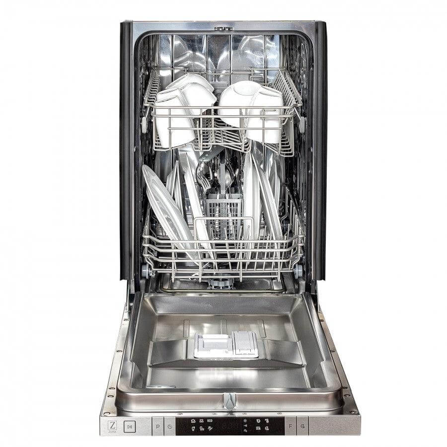 ZLINE 18 in. Compact Stainless Steel Top Control Built-In Dishwasher with Stainless Steel Tub and Traditional Style Handle, 52dBa (DW-304-H-18) front, open with dishes.