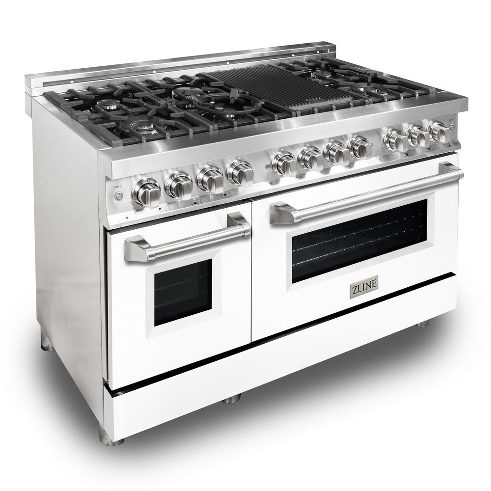 ZLINE 48 in. 6.0 cu. ft. Legacy Dual Fuel Range with 7 Burner Gas Cooktop and 2 Electric Ovens in Stainless Steel with Griddle and White Matte Doors (RA-WM-GR-48) side, oven closed.