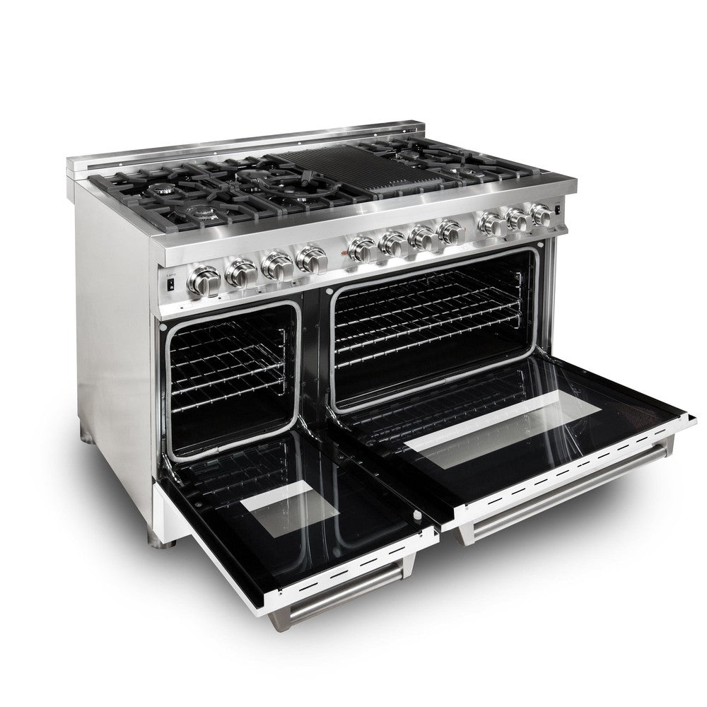 ZLINE 48 in. 6.0 cu. ft. Legacy Dual Fuel Range with 7 Burner Gas Cooktop and 2 Electric Ovens in Stainless Steel with Griddle and White Matte Doors (RA-WM-GR-48) side, oven open.