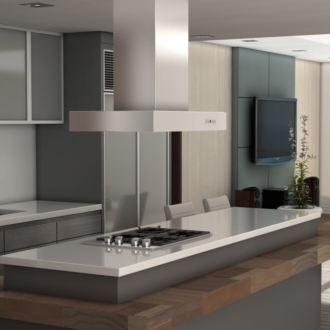 ZLINE Ducted Professional Island Mount Range Hood in Stainless Steel (KECOMi) rendering in a luxury kitchen.