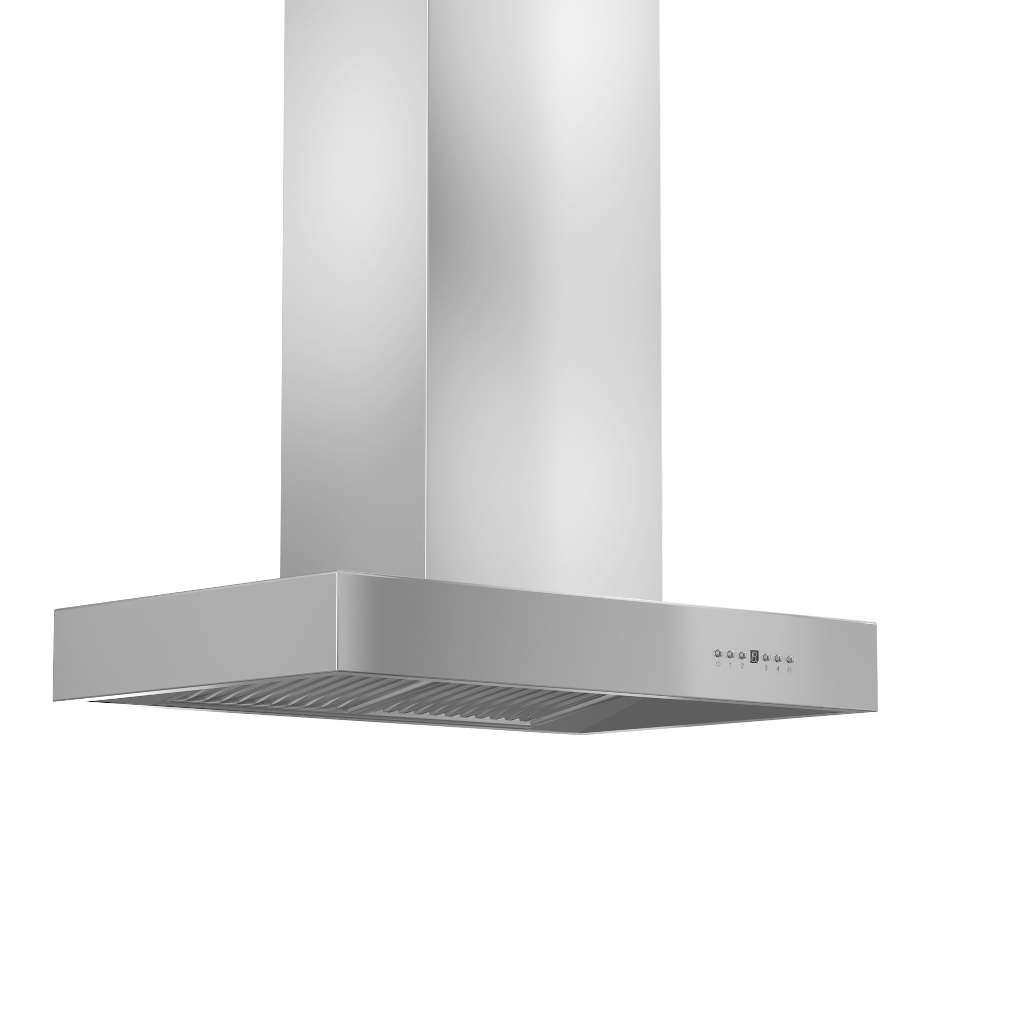 ZLINE Ducted Professional Island Mount Range Hood in Stainless Steel (KECOMi) side with large chimney.