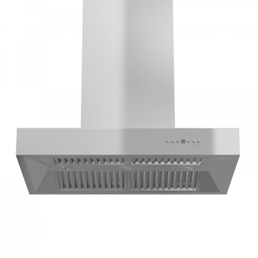 ZLINE Ducted Professional Island Mount Range Hood in Stainless Steel (KECOMi) front under view showing button panels and display.