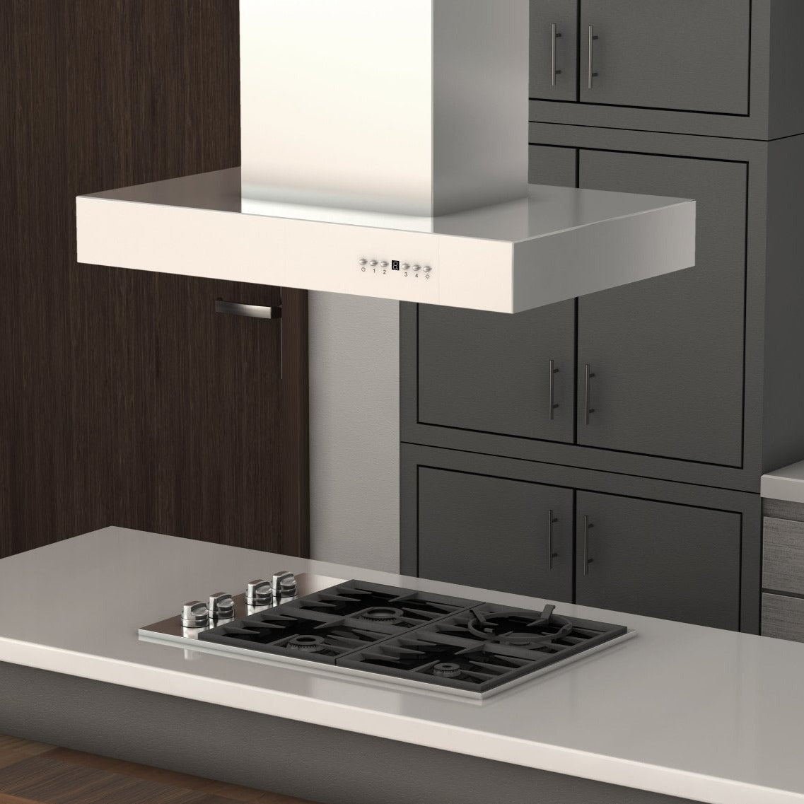 ZLINE Ducted Professional Island Mount Range Hood in Stainless Steel (KECOMi) rendering in a luxury kitchen close up.