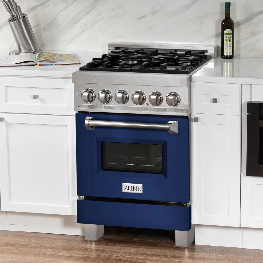 ZLINE 24 in. Professional Dual Fuel Range in Fingerprint Resistant Stainless Steel with Blue Gloss Door (RAS-BG-24) side, oven closed.