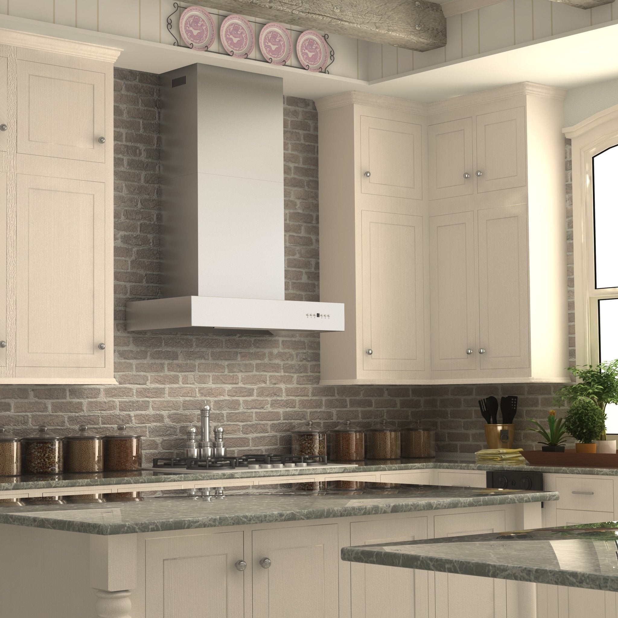 ZLINE Convertible Professional Wall Mount Range Hood in Stainless Steel (KECOM) in a farmhouse-style kitchen.