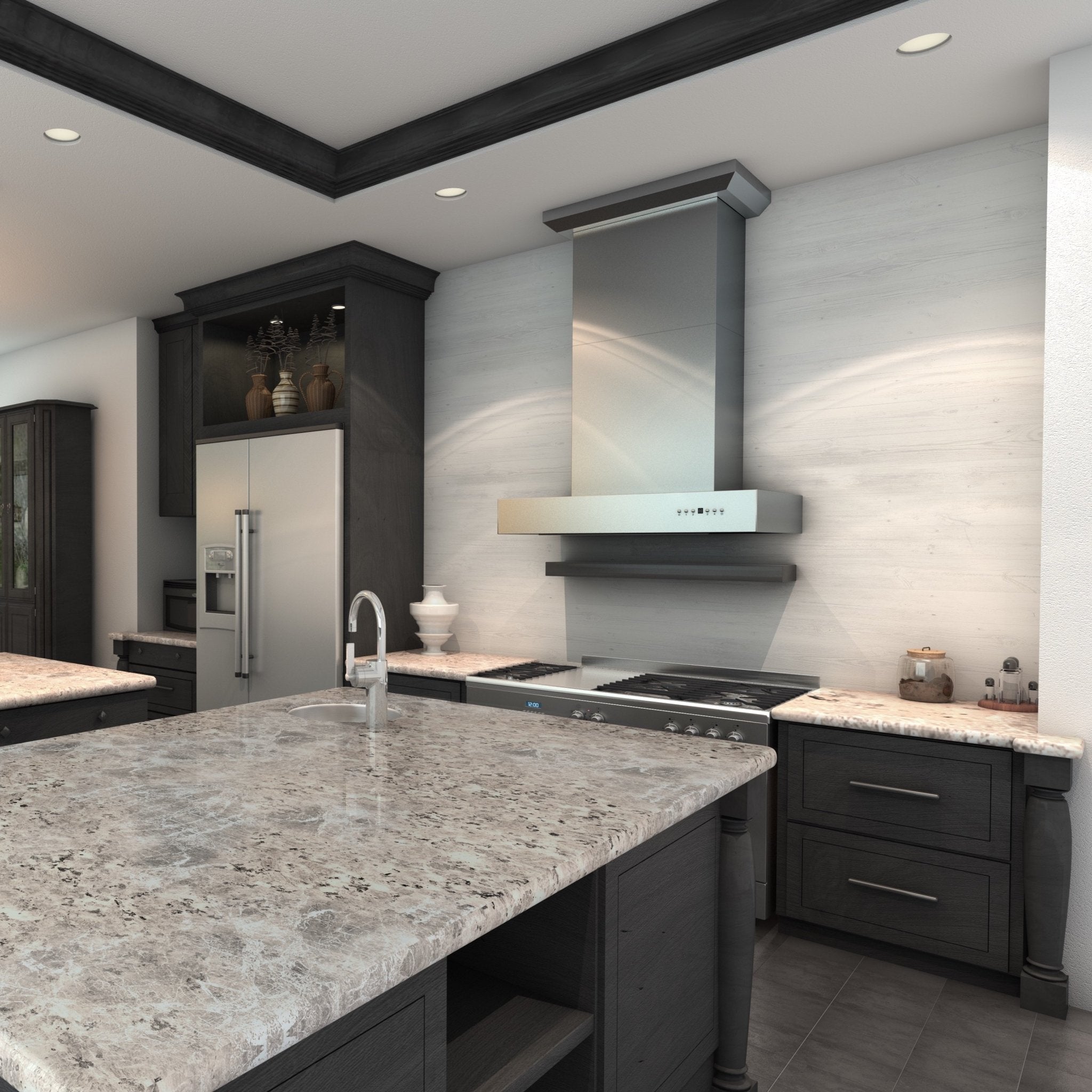 ZLINE Convertible Professional Wall Mount Range Hood in Stainless Steel (KECOM) in a modern kitchen.