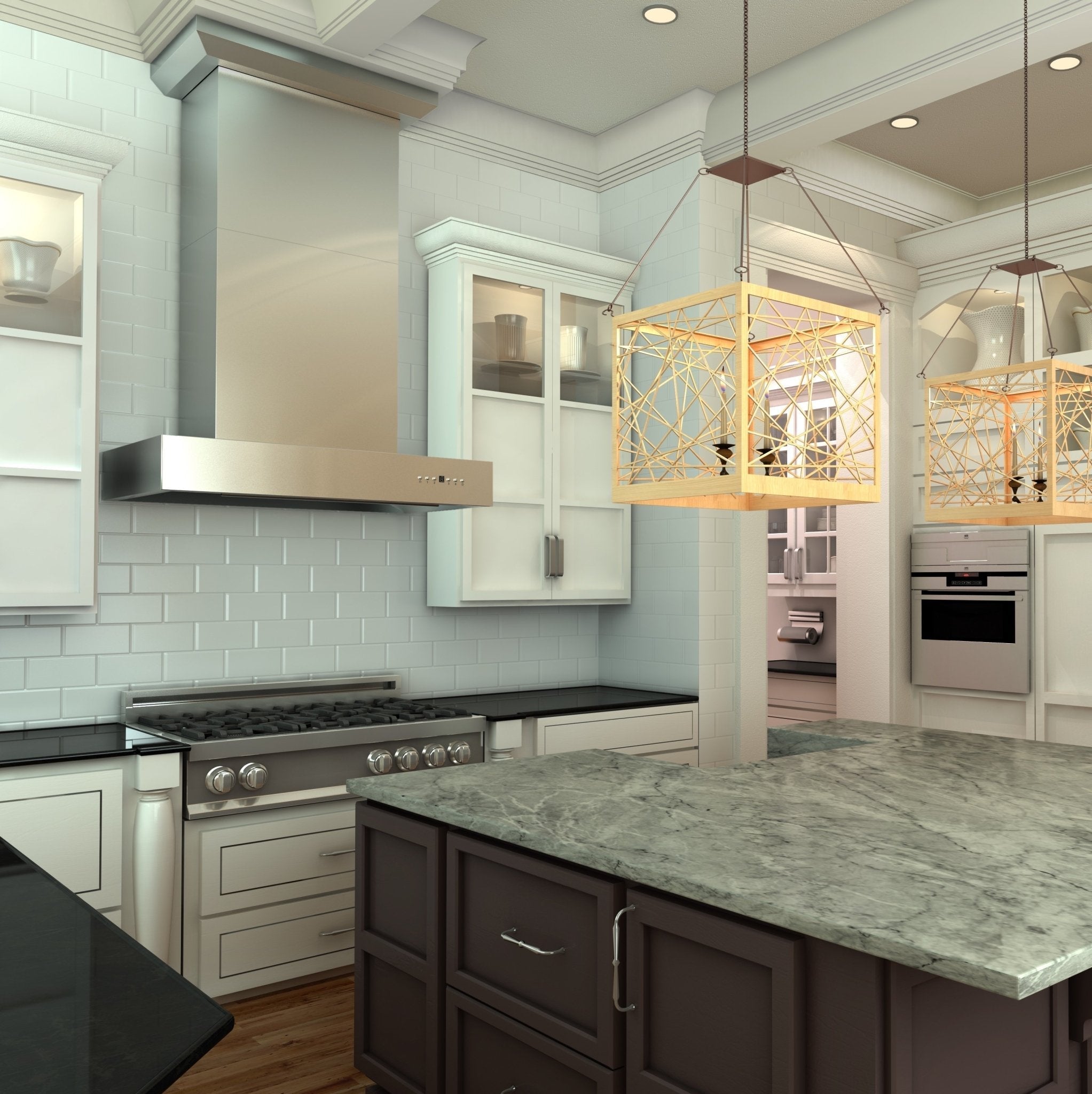 ZLINE Convertible Professional Wall Mount Range Hood in Stainless Steel (KECOM) rendering in a luxury kitchen.