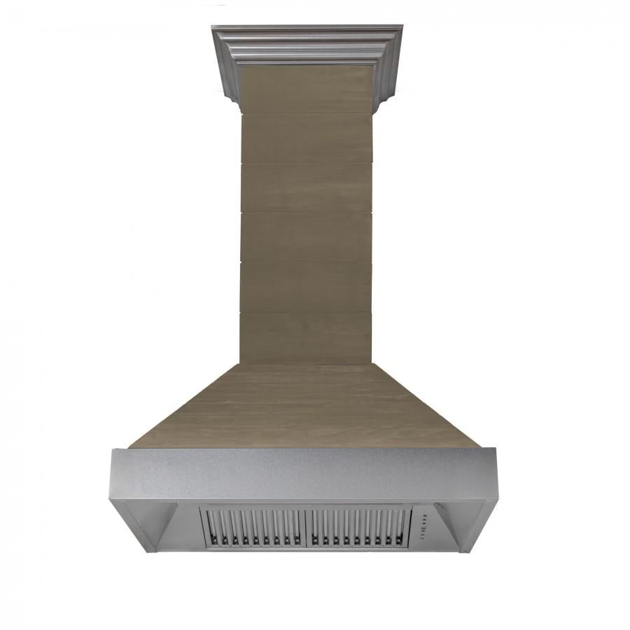 ZLINE Shiplap Wooden Wall Range Hood with Stainless Steel Accents (365YY) front under.