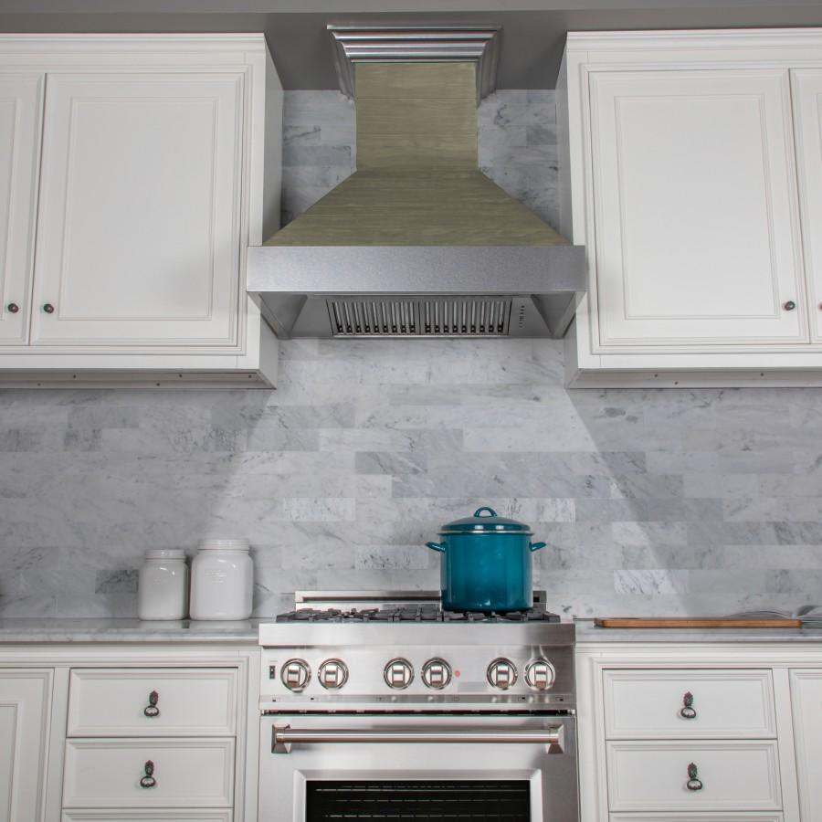 ZLINE Shiplap Wooden Wall Range Hood with Stainless Steel Accents (365YY) in a farmhouse-style kitchen above a range.