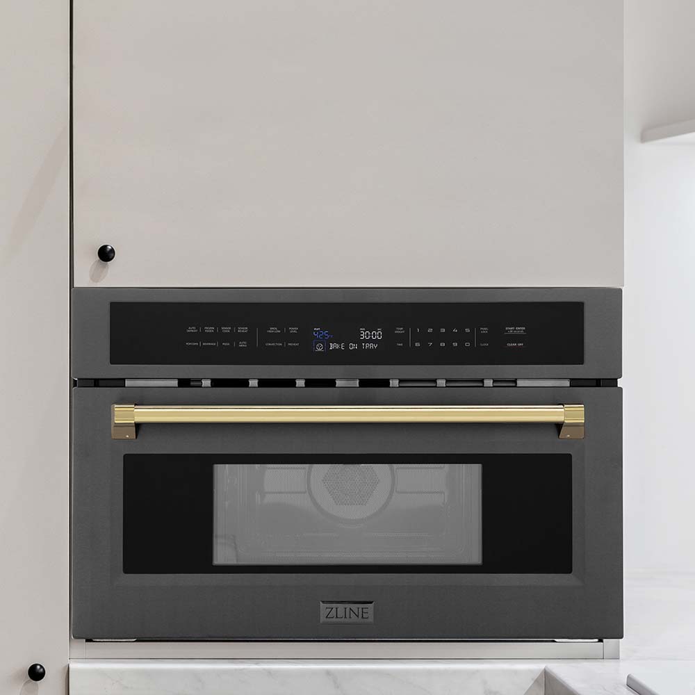 ZLINE Autograph Edition 30 in. 1.6 cu ft. Built-in Convection Microwave Oven in Black Stainless Steel with Polished Gold Accents (MWOZ-30-BS-G) in a modern kitchen