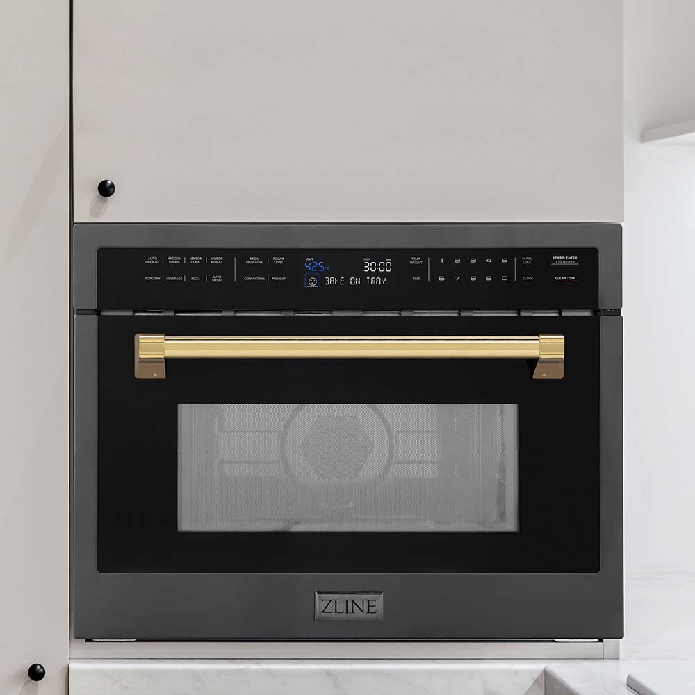 ZLINE black stainless steel microwave oven with polished gold handle
