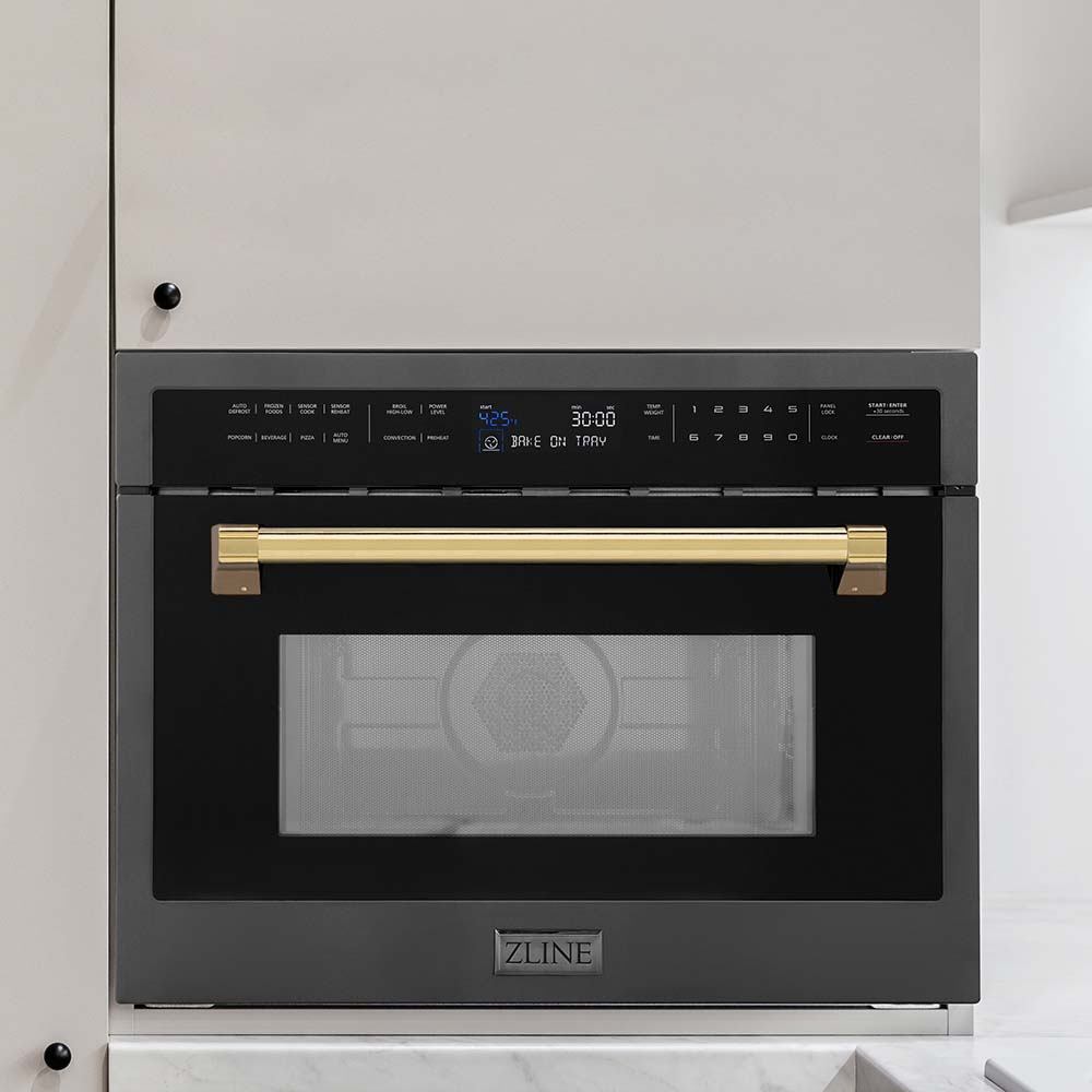 ZLINE Autograph Edition 24 in. 1.6 cu ft. Built-in Convection Microwave Oven in Black Stainless Steel with Polished Gold Accents (MWOZ-24-BS-G) in a kitchen
