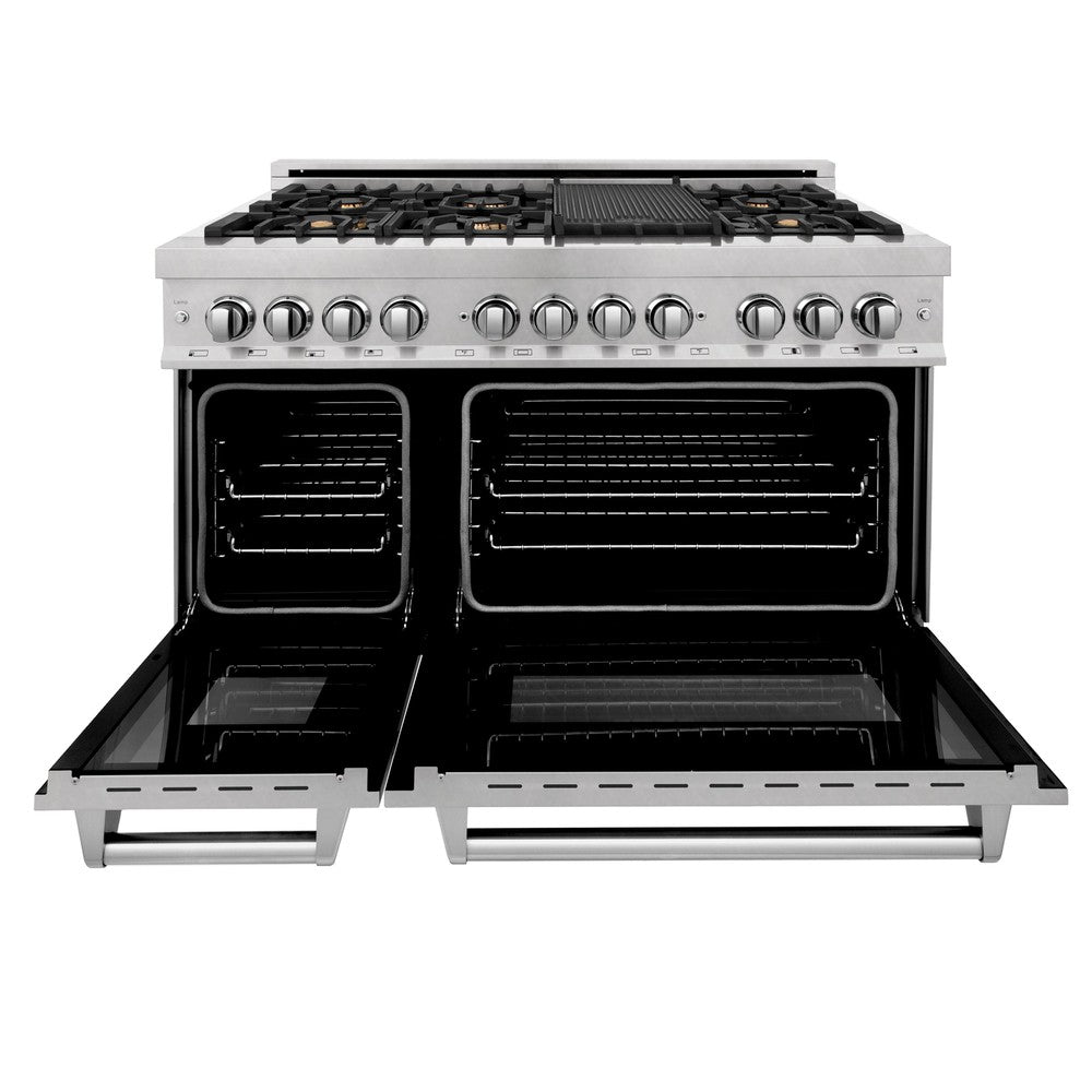 ZLINE 48 in. 6.0 cu. ft. Electric Oven and Gas Cooktop Dual Fuel Range with Griddle and Brass Burners in Fingerprint Resistant Stainless (RAS-SN-BR-GR-48) front, oven open.