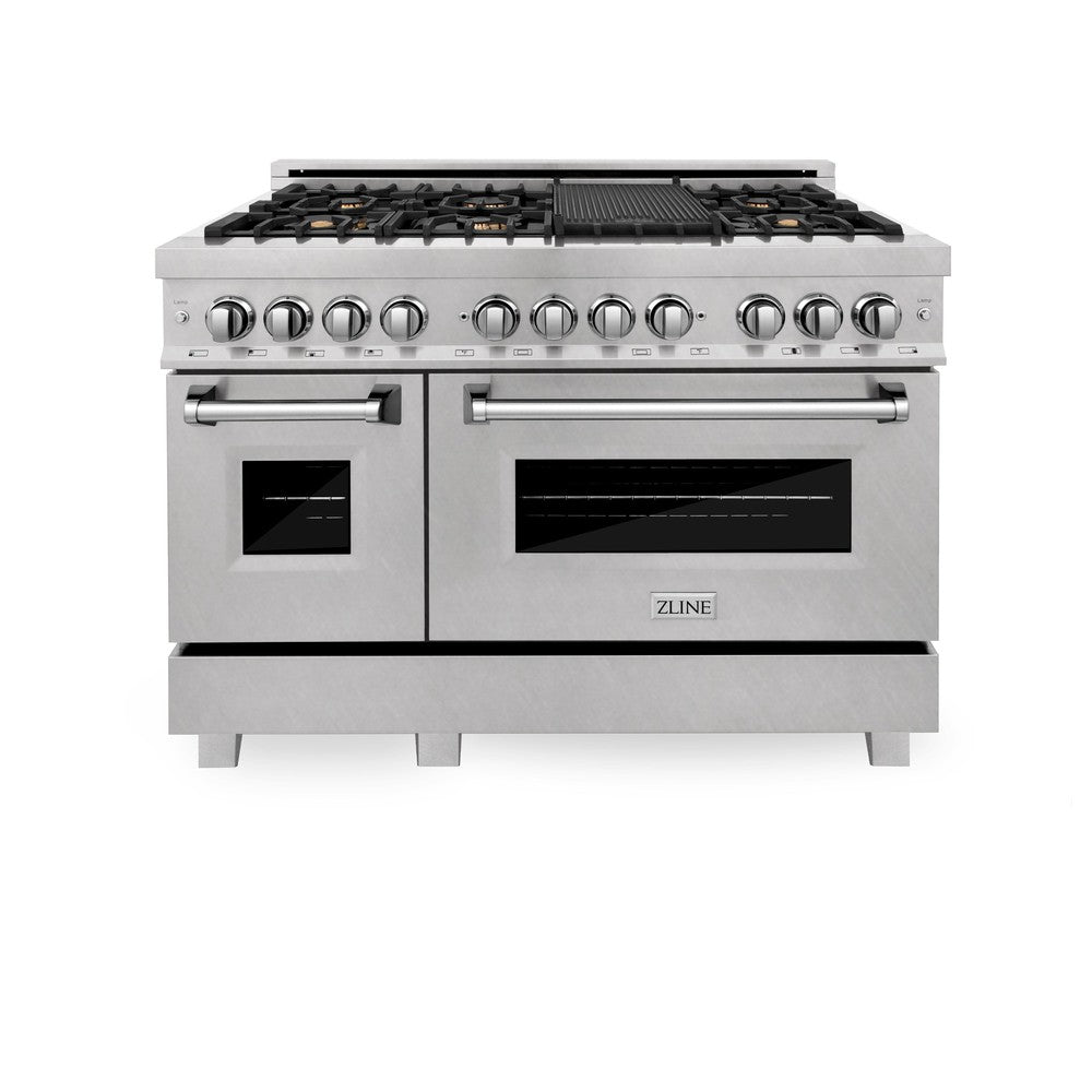 ZLINE 48 in. 6.0 cu. ft. Electric Oven and Gas Cooktop Dual Fuel Range with Griddle and Brass Burners in Fingerprint Resistant Stainless (RAS-SN-BR-GR-48) front, oven closed.
