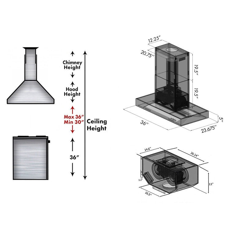 ZLINE Ducted Professional Island Mount Range Hood in Stainless Steel (KECOMi) chimney height guide and dimensional measurements for hood and remote blower.