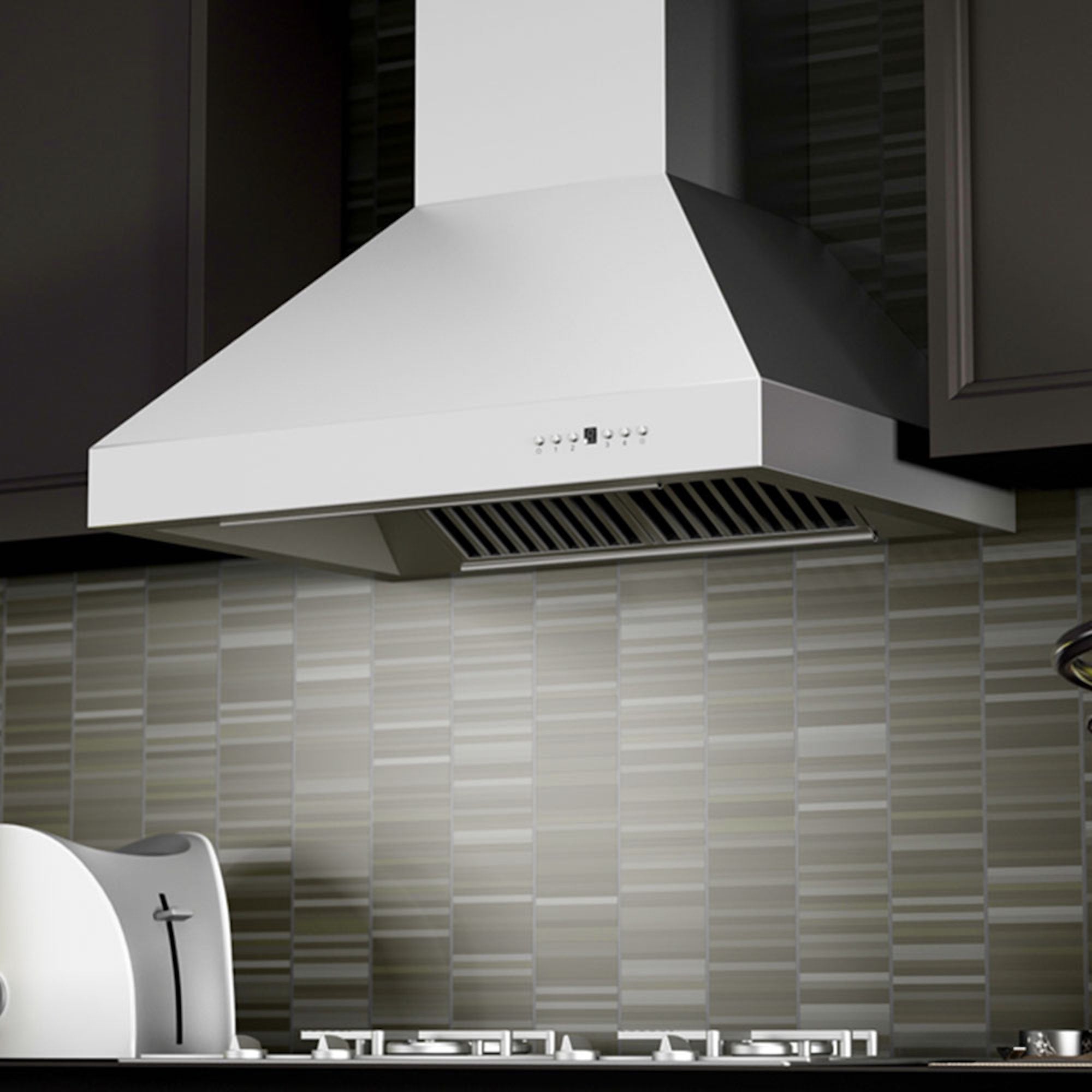 ZLINE Ducted Wall Mount Range Hood in Outdoor Approved Stainless Steel (697-304) rendering in a rustic kitchen from below.
