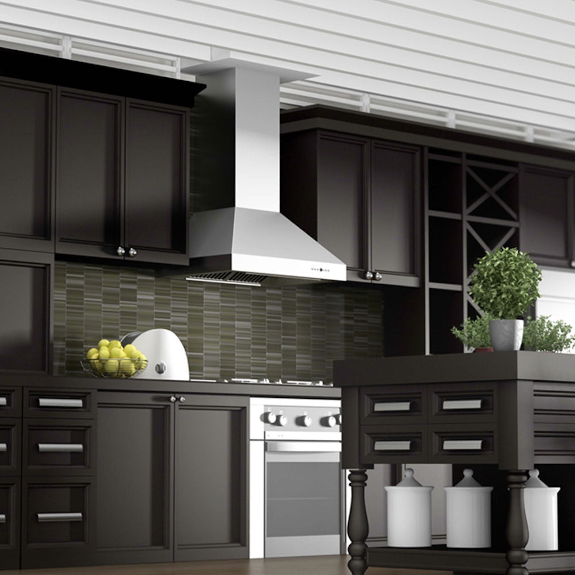 ZLINE Ducted Wall Mount Range Hood in Outdoor Approved Stainless Steel (697-304) rendering in a rustic kitchen wide.