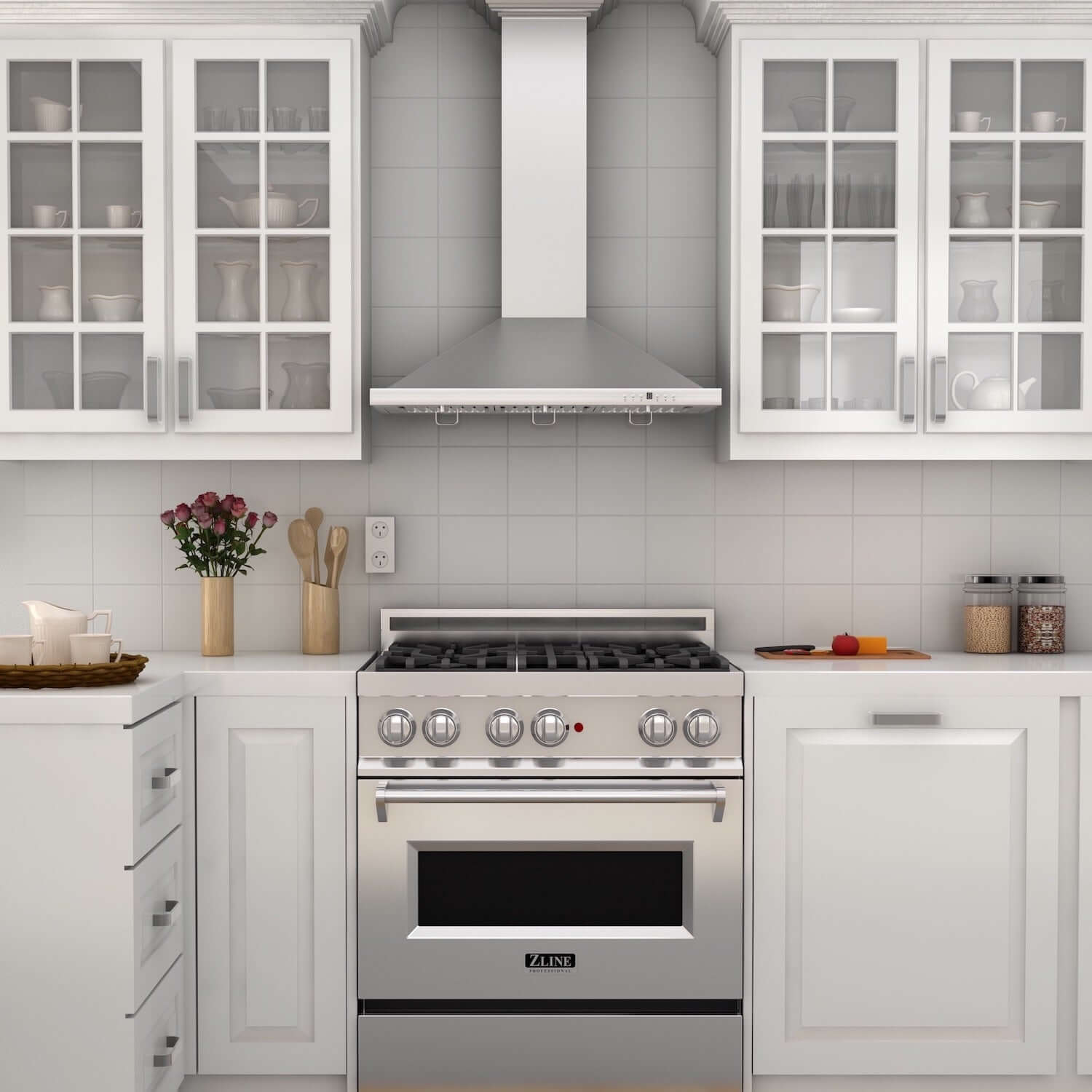 ZLINE 30" Convertible Vent Range Hood in a kitchen above a range rendering.