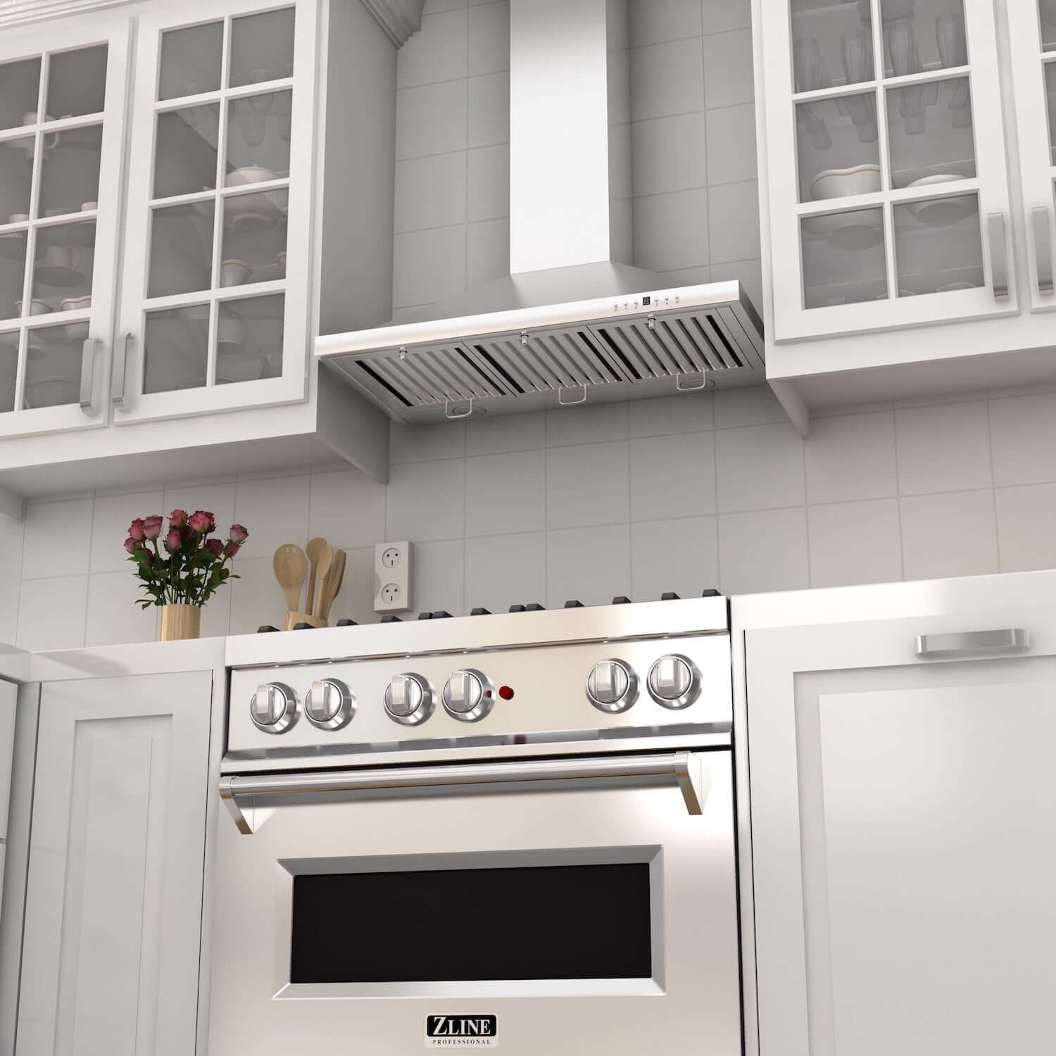 ZLINE Stainless Steel Convertible Vent Wall Mount Range Hood in a kitchen above a range rendering from below.