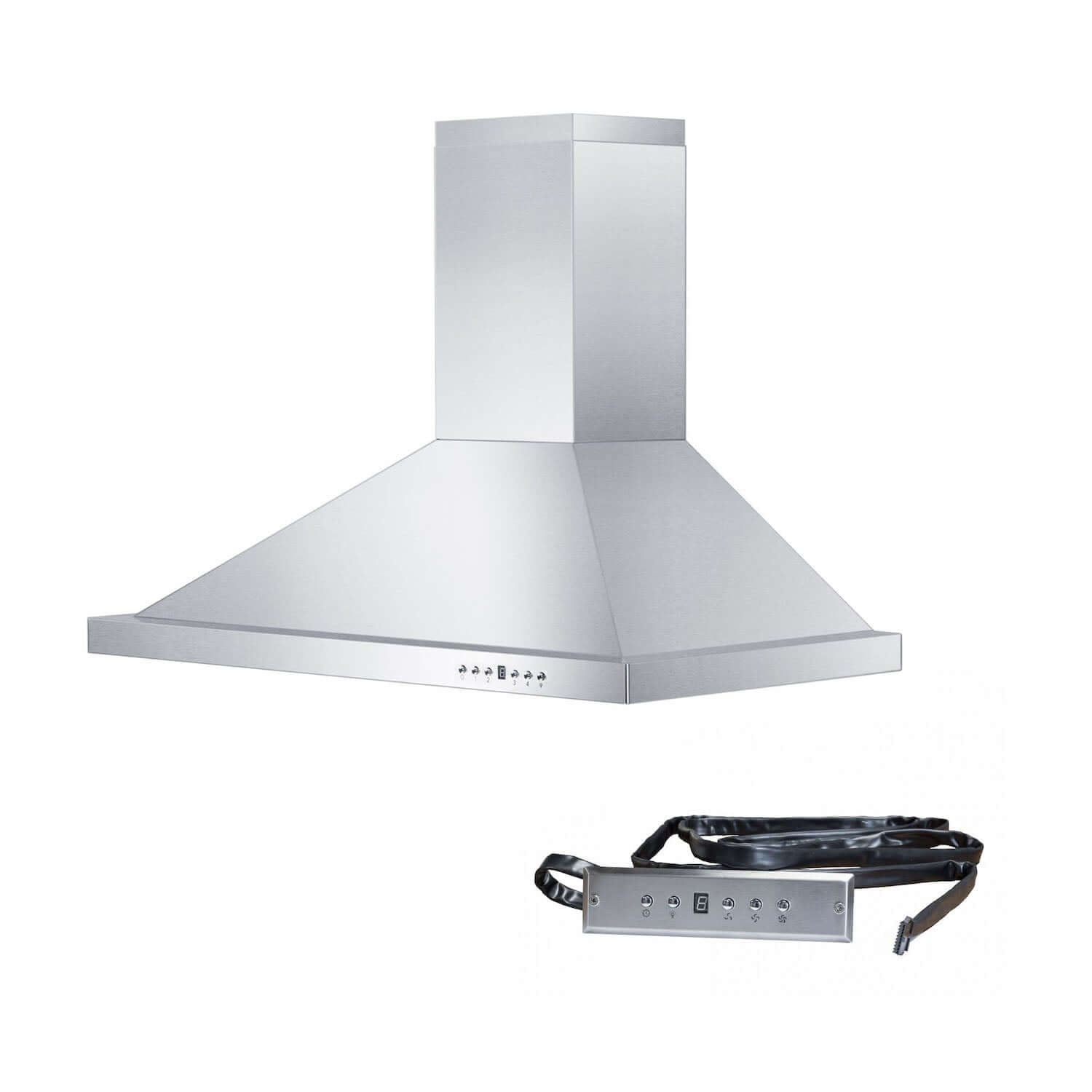 ZLINE Stainless Steel Convertible Vent Wall Mount Range Hood and button panel.