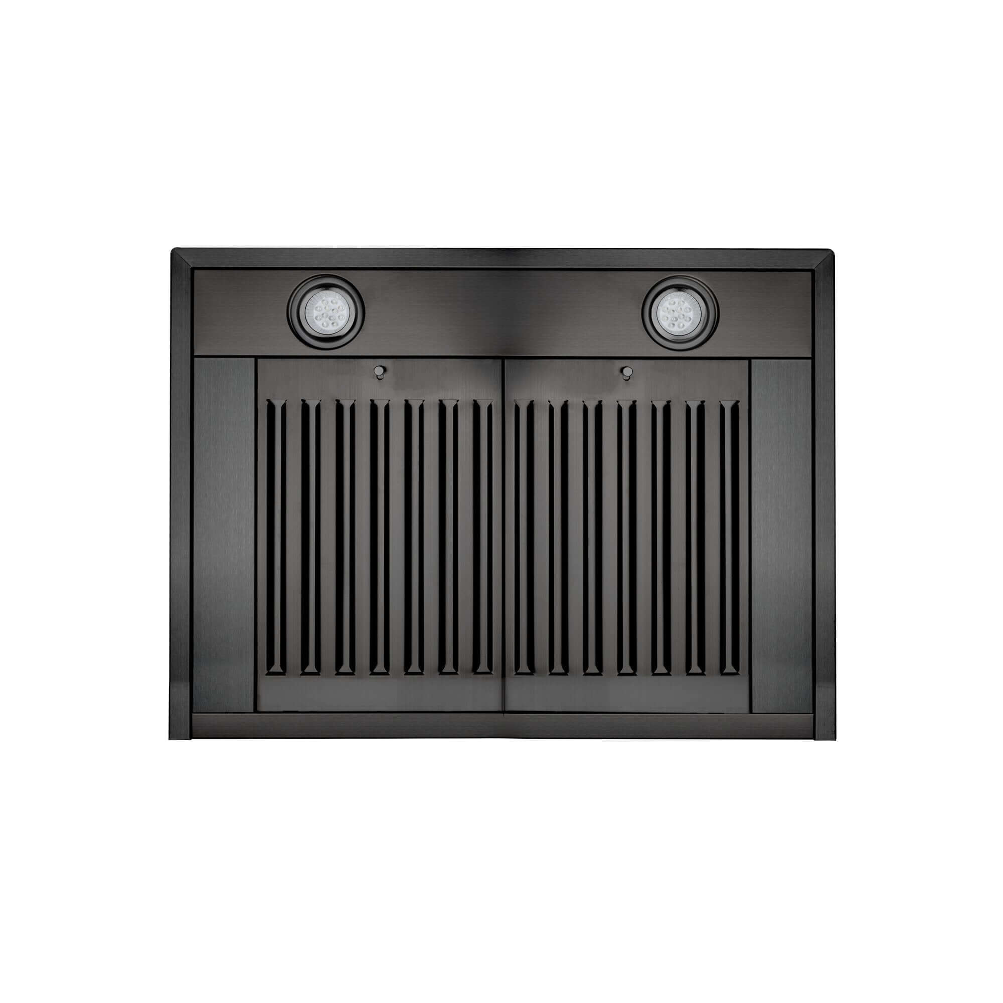 ZLINE BSKBN black stainless steel wall mount range hood under view of baffle filters and LED lighting.