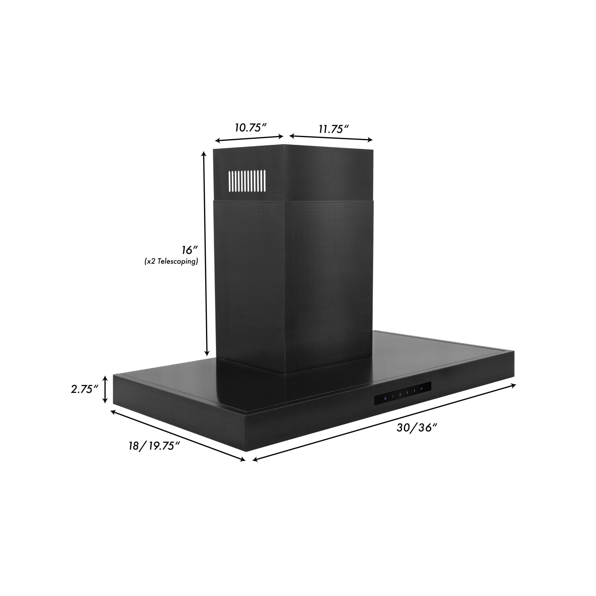 ZLINE Convertible Vent Wall Mount Range Hood in Black Stainless Steel (BSKEN) dimensional measurements for 30-inch and 36-inch model.