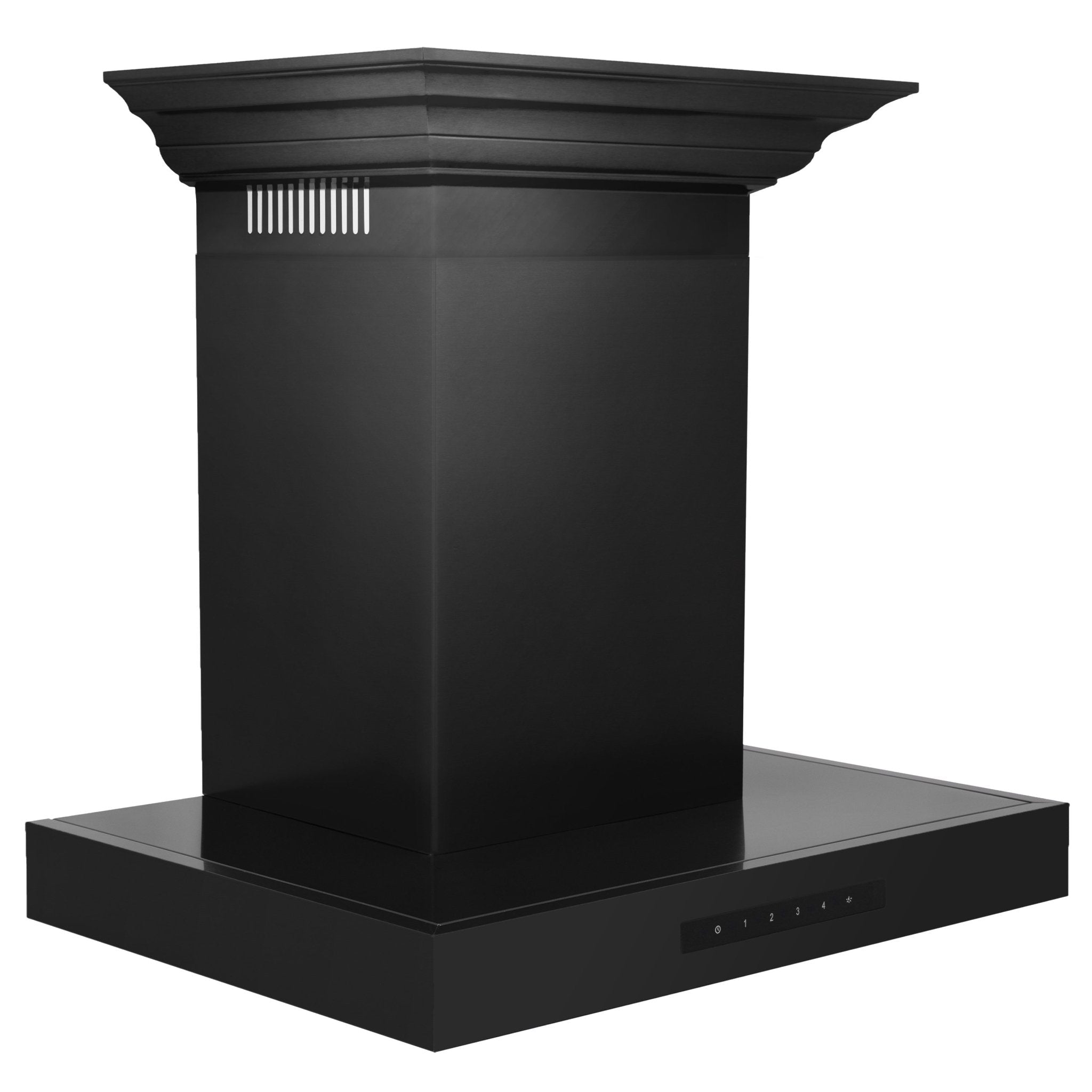ZLINE Convertible Vent Wall Mount Range Hood in Black Stainless Steel with Crown Molding (BSKENCRN) side top showing vented crown molding and flat canopy.