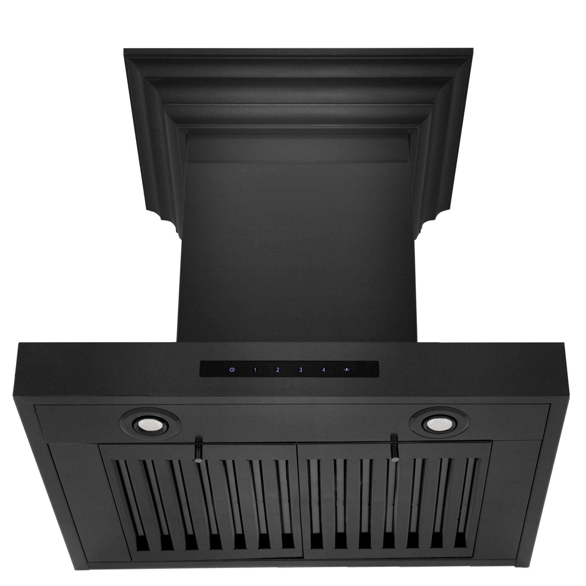 ZLINE Convertible Vent Wall Mount Range Hood in Black Stainless Steel with Crown Molding (BSKENCRN) front under showing baffle filters and LED lighting.
