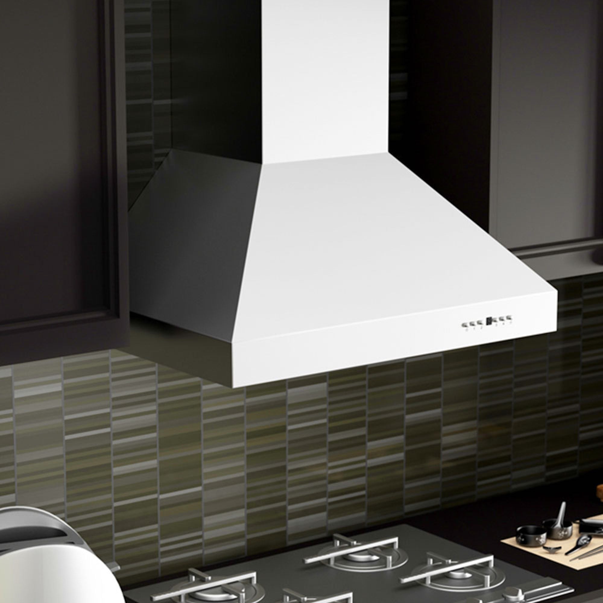 ZLINE Professional Ducted Wall Mount Range Hood rendering in a kitchen from side above.