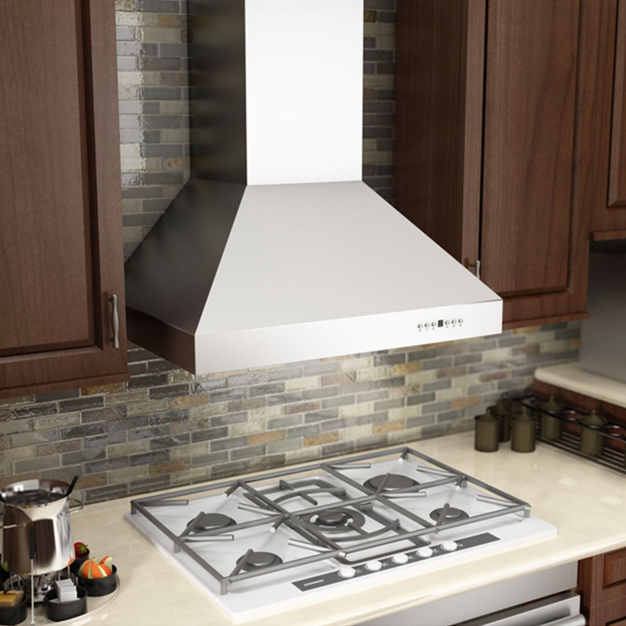 ZLINE Professional Ducted Wall Mount Range Hood rendering in a kitchen from above.