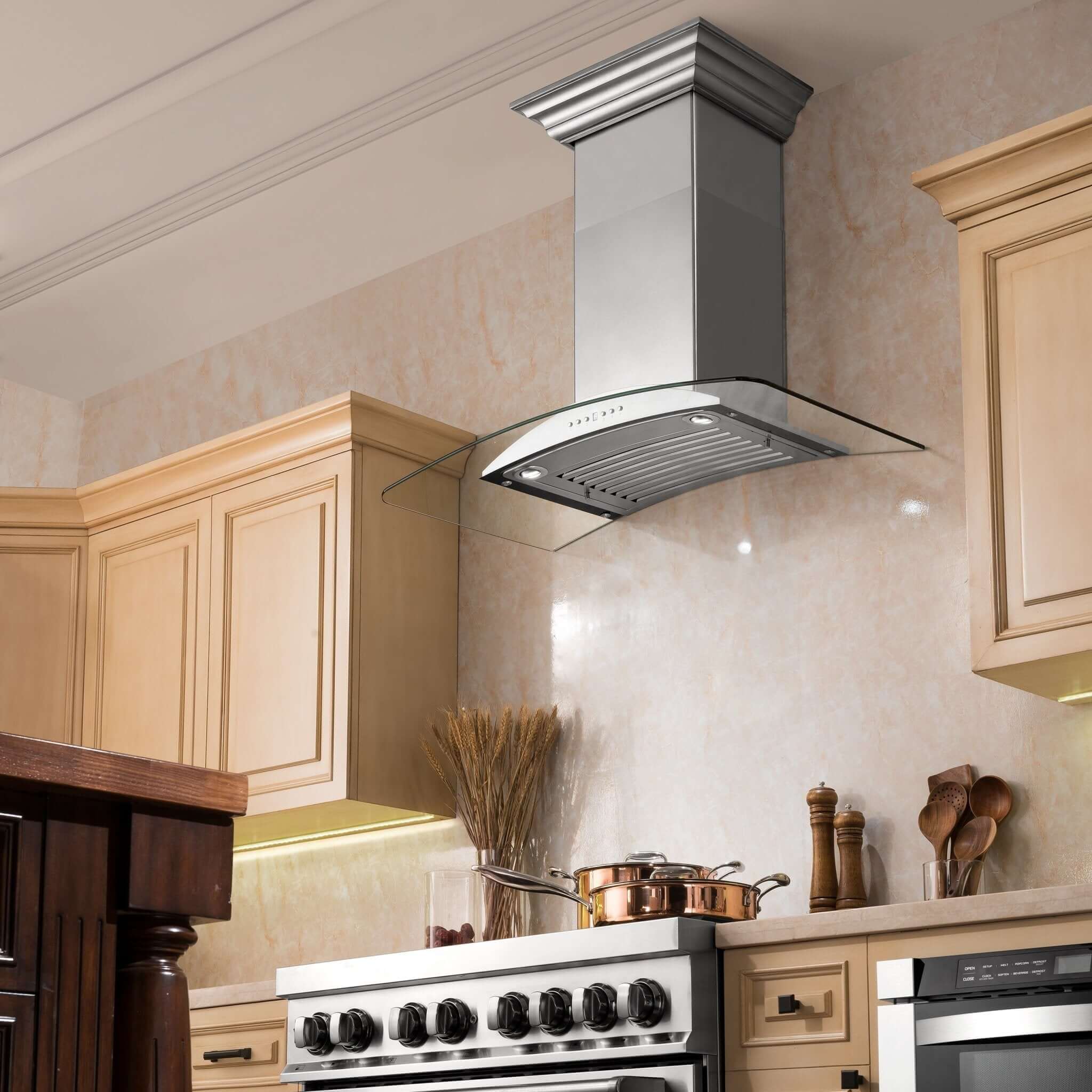 ZLINE Convertible Vent Wall Mount Range Hood in Stainless Steel & Glass (KN) in a farmhouse-style kitchen with natural wood cabinetry side under..