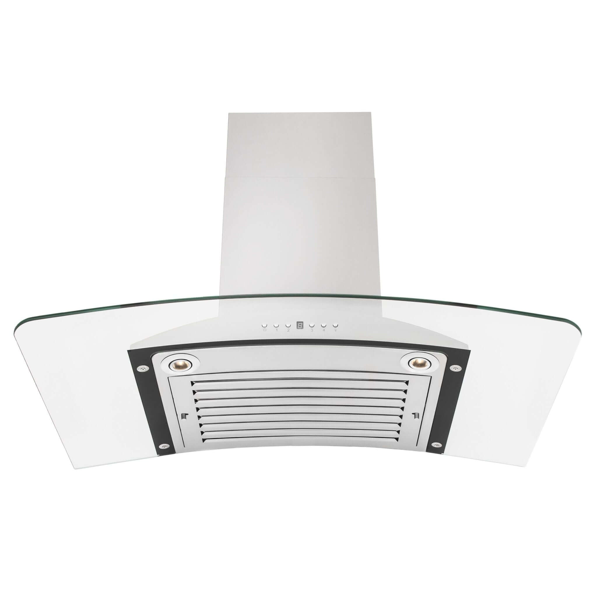 ZLINE Convertible Vent Wall Mount Range Hood in Stainless Steel & Glass (KN) under showing baffle filter and LED lighting.