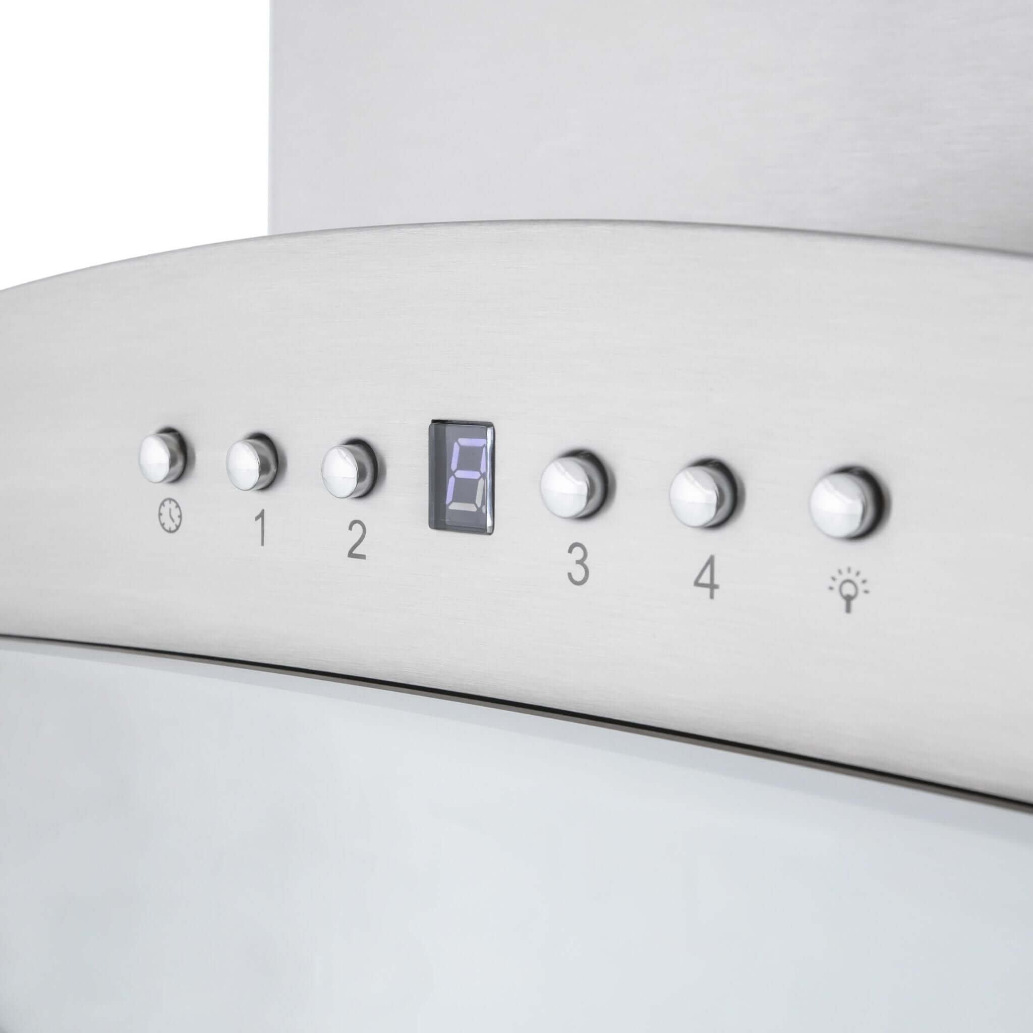 Button panel and display on ZLINE Convertible Vent Wall Mount Range Hood in Stainless Steel & Glass (KN).