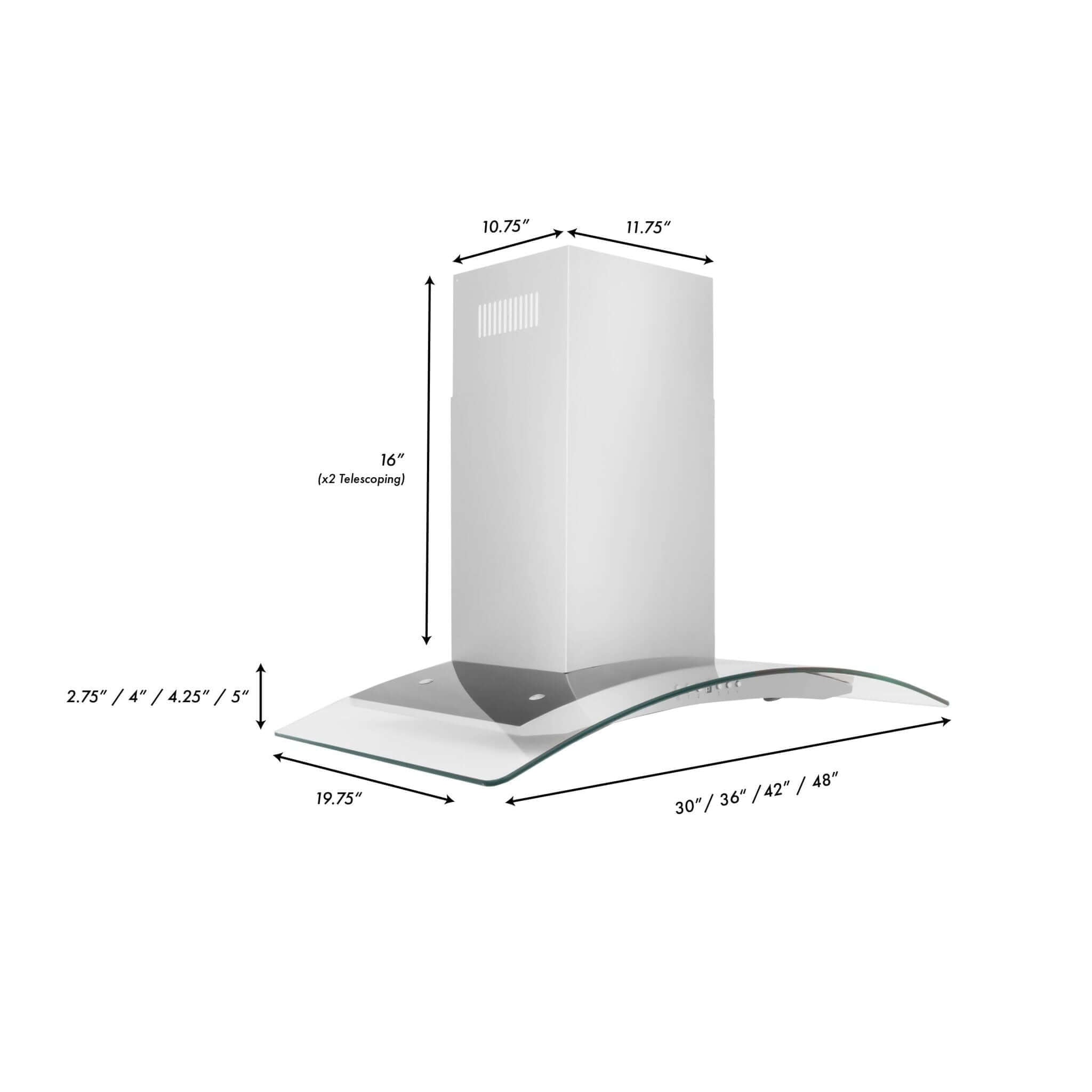 ZLINE Convertible Vent Wall Mount Range Hood in Stainless Steel & Glass (KN4) Dimensions