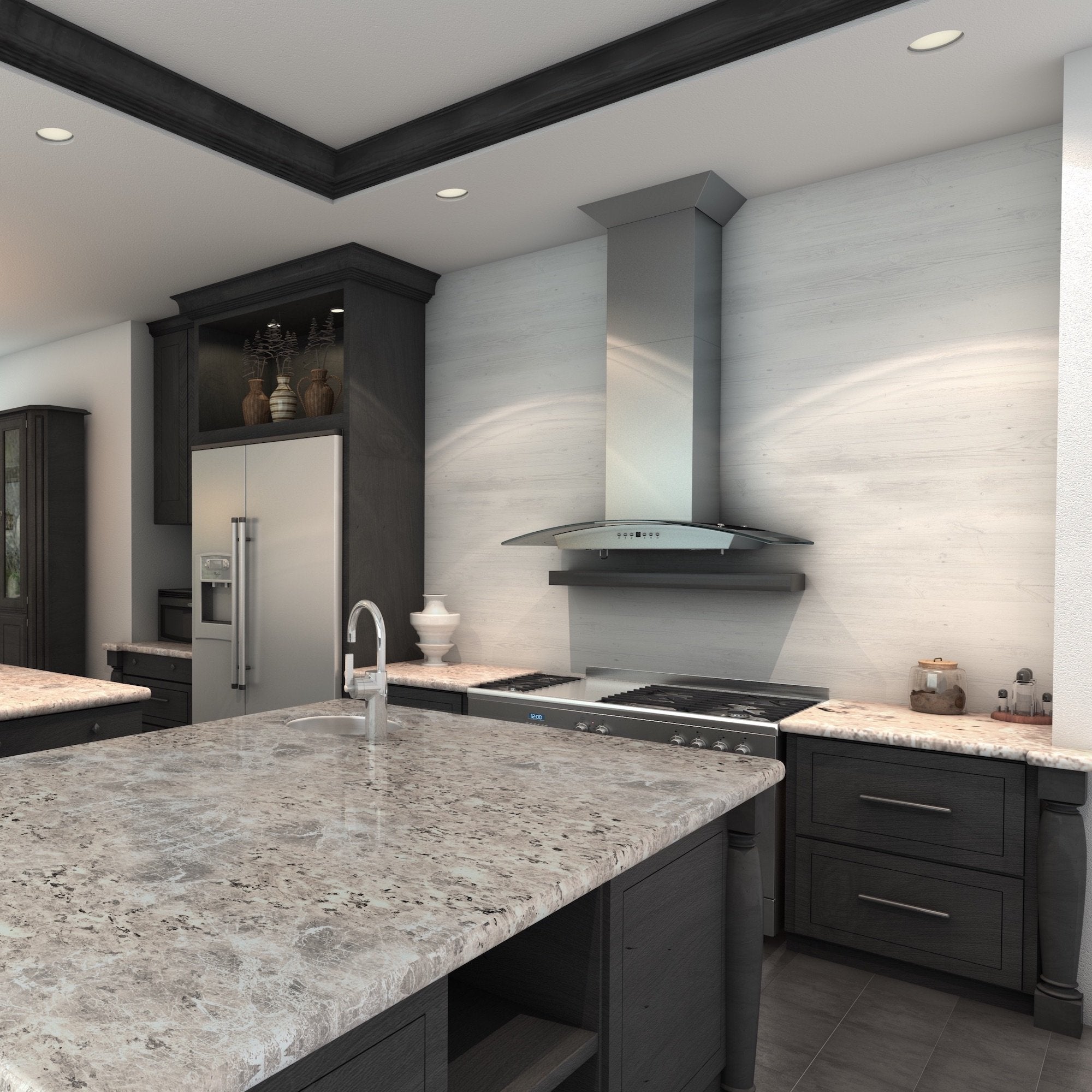 ZLINE Convertible Vent Wall Mount Range Hood in Stainless Steel & Glass (KZ) in a luxury kitchen above a large range.