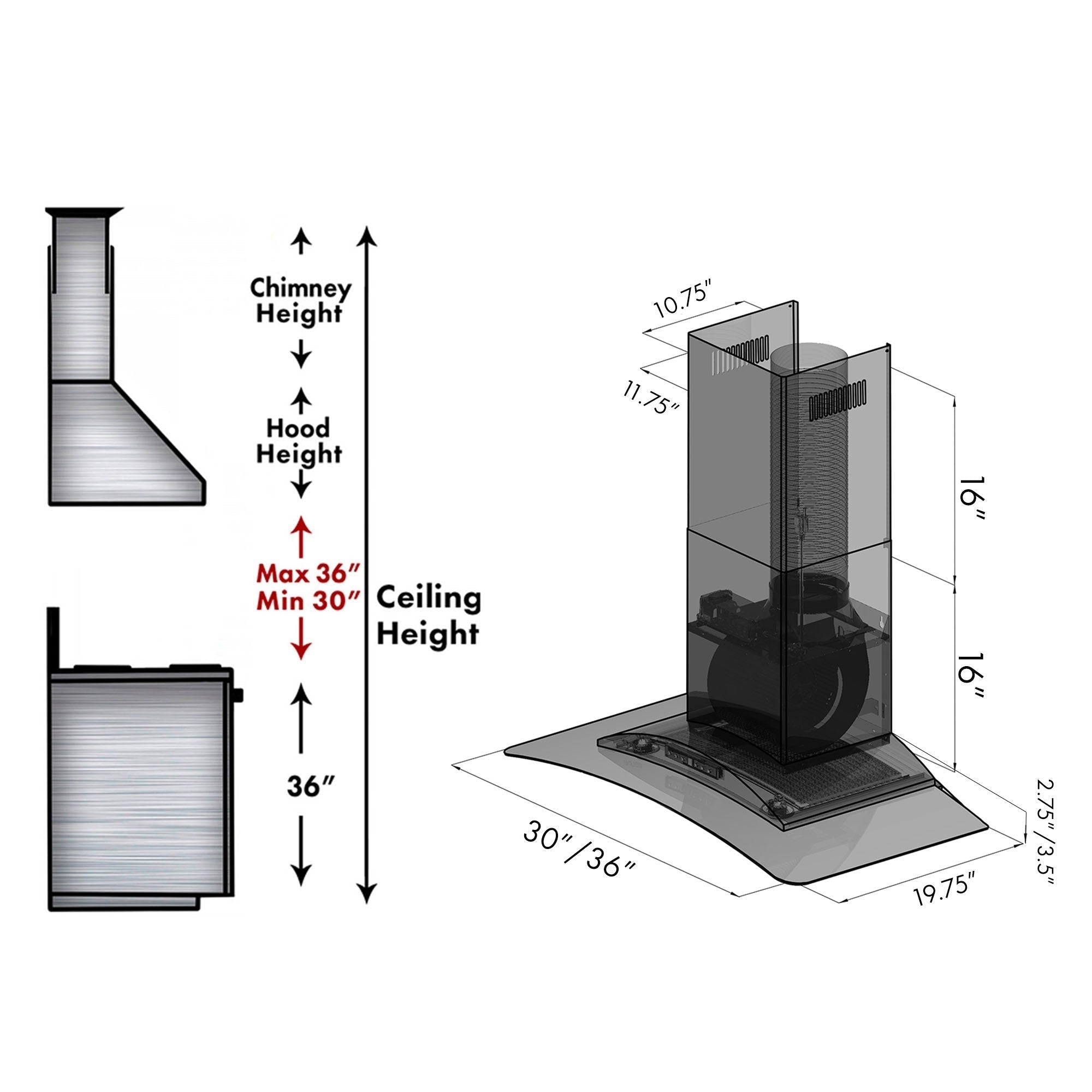 ZLINE Convertible Vent Wall Mount Range Hood in Stainless Steel & Glass (KZ) chimney height guide and dimensions.