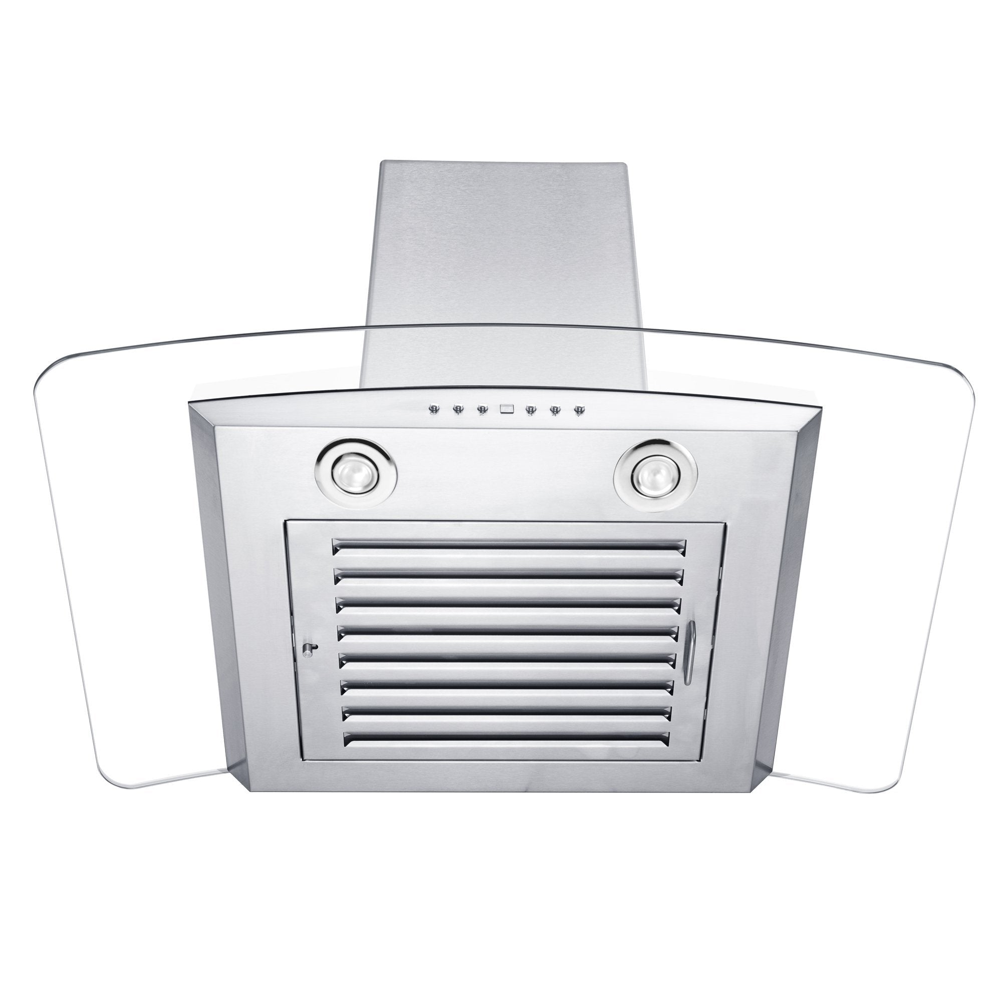 ZLINE Convertible Vent Wall Mount Range Hood in Stainless Steel & Glass with Crown Molding (KZCRN) direct under showing LED lighting and baffle filter.