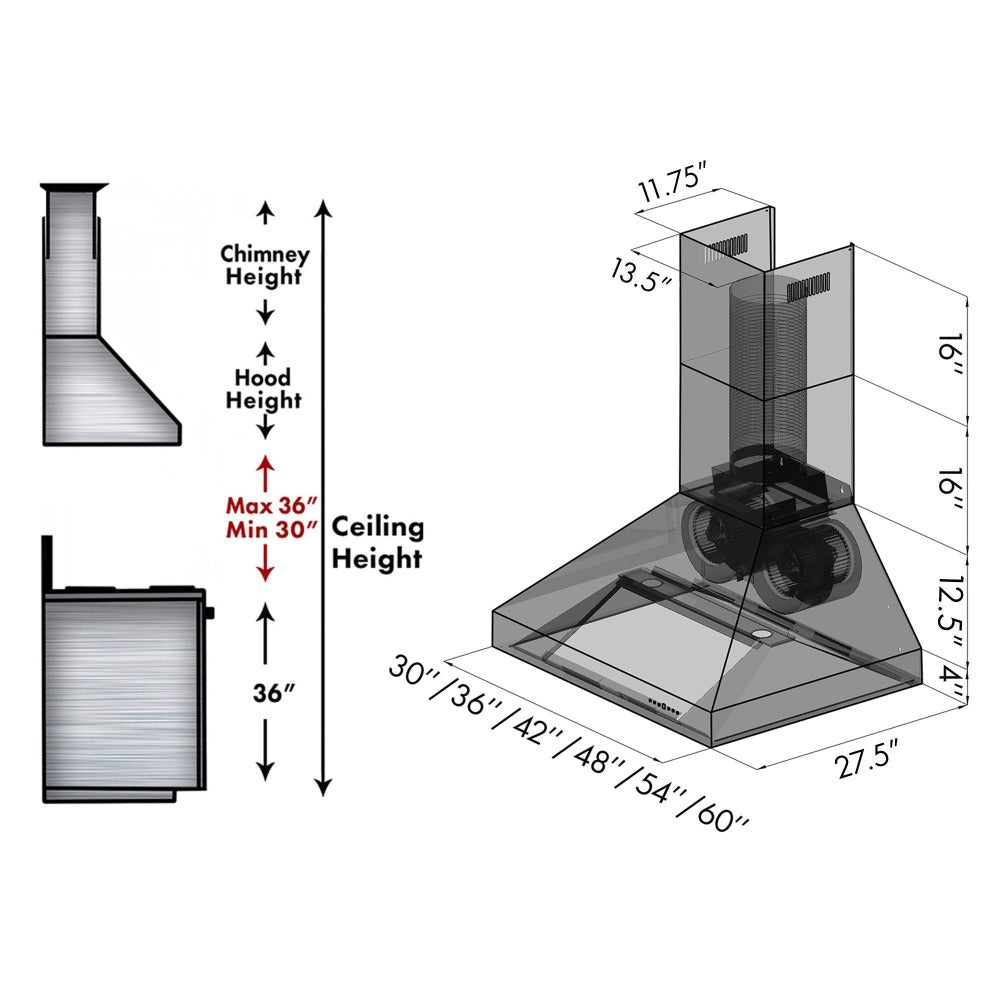 ZLINE Wall Mount Range Hood in Stainless Steel - Includes Remote Blower 400/700CFM Options (697-RD/RS) 