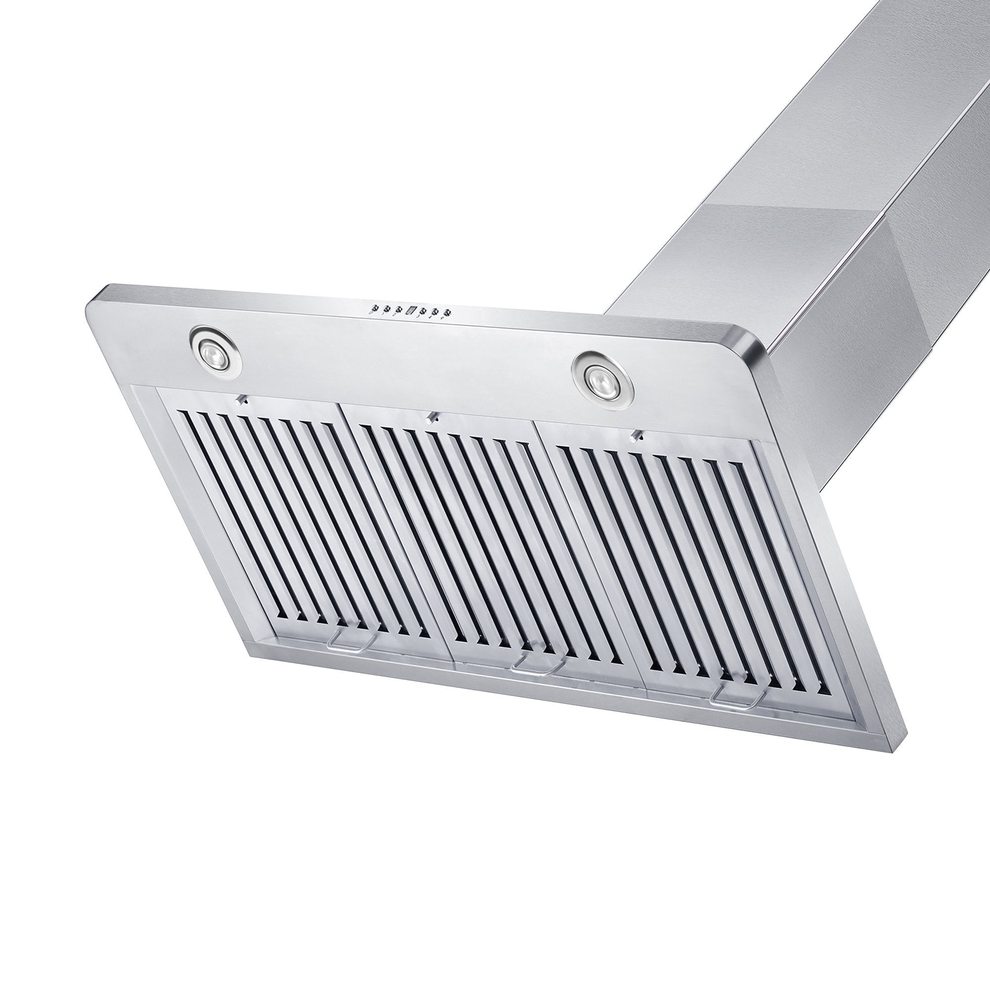 ZLINE Convertible Vent Wall Mount Range Hood in Stainless Steel (KF1) under view showing triple baffle filters and LED lighting.