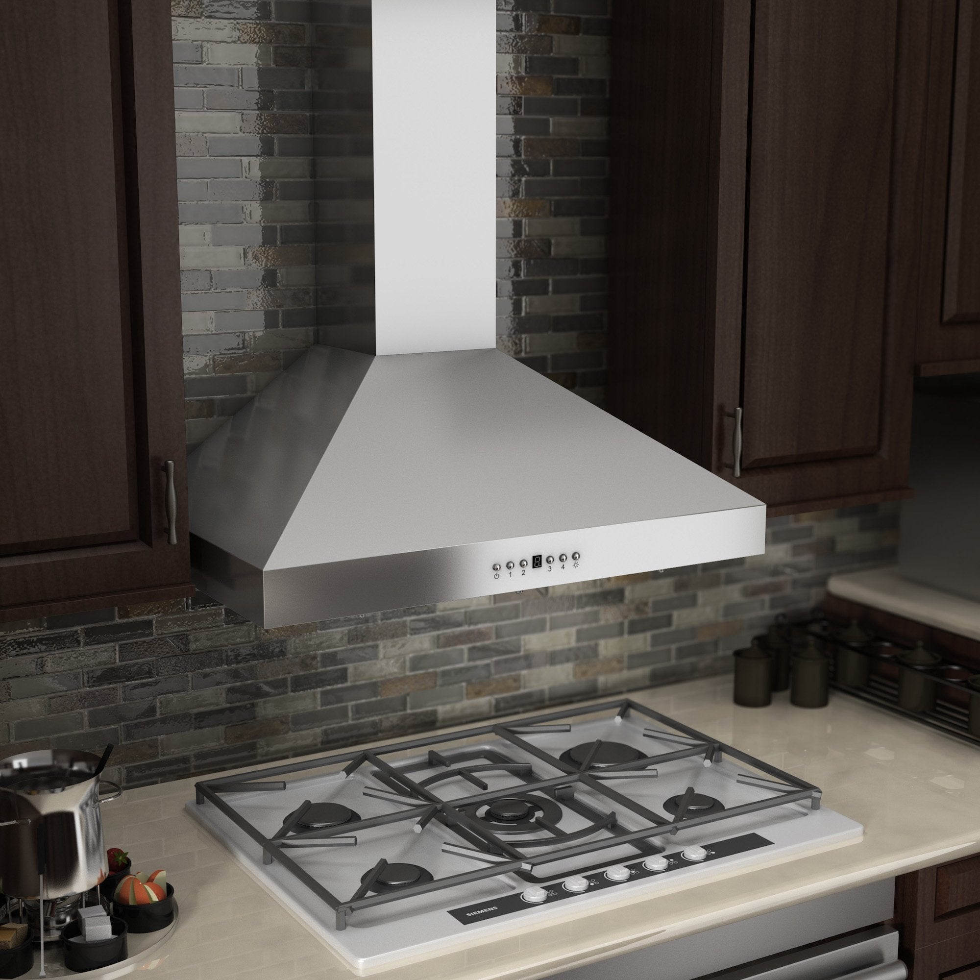 ZLINE Convertible Vent Wall Mount Range Hood in Stainless Steel (KL3) rendering in a rustic kitchen above gas cooktop.