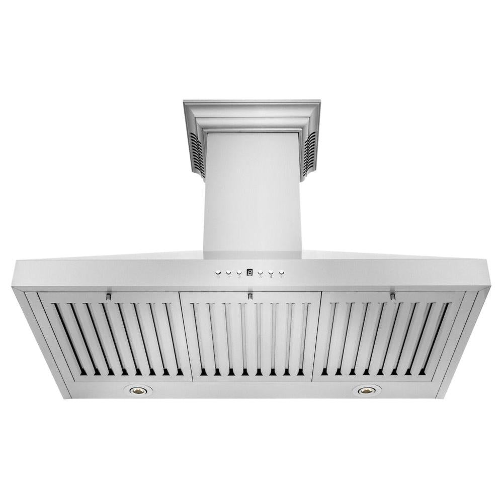 ZLINE Ducted Vent Wall Mount Range Hood in Stainless Steel with Built-in ZLINE CrownSound Bluetooth Speakers (KL3CRN-BT) front, under.