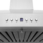 ZLINE Ducted Vent Wall Mount Range Hood in Stainless Steel with Built-in ZLINE CrownSound Bluetooth Speakers (KL3CRN-BT) button panel and display.