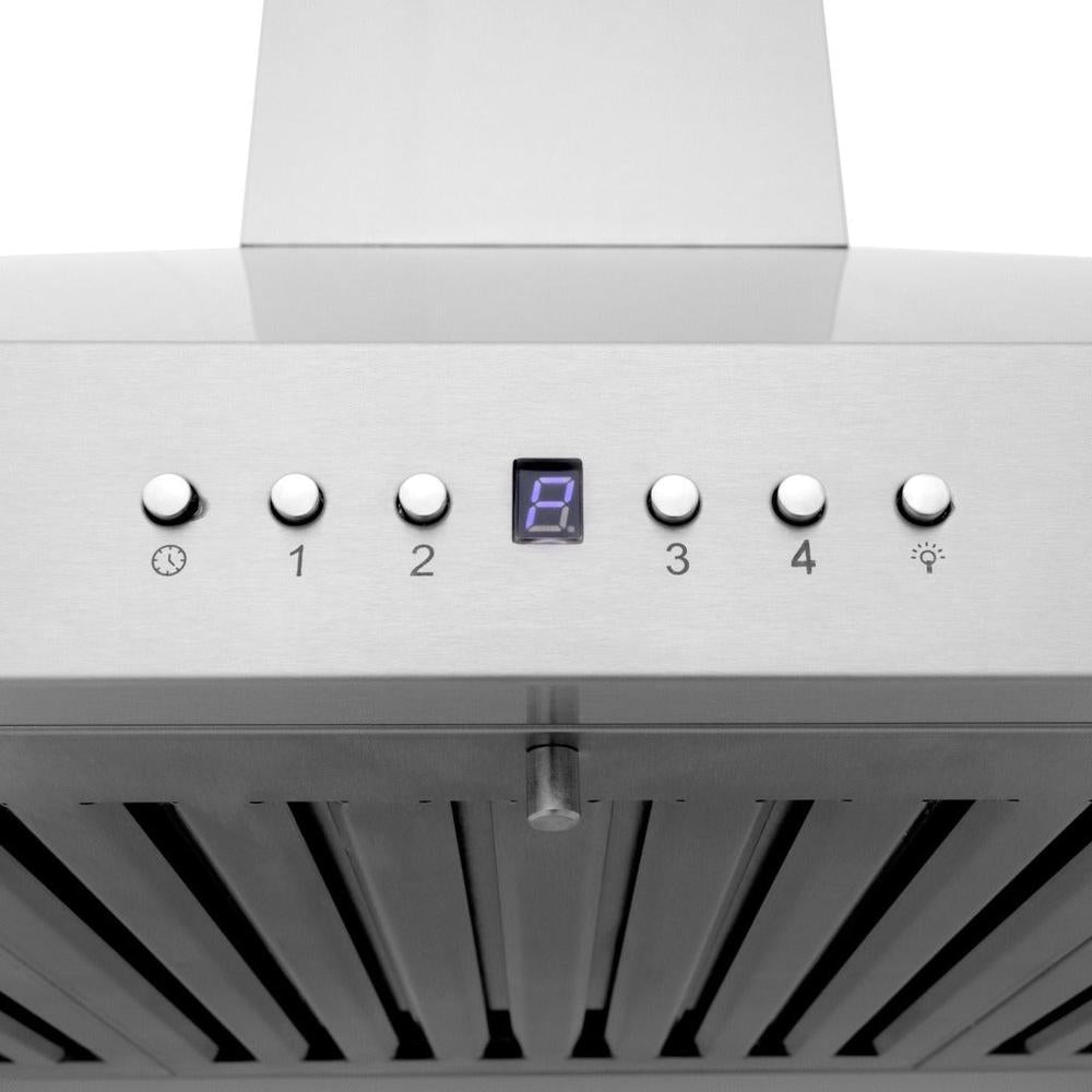 ZLINE Ducted Vent Wall Mount Range Hood in Stainless Steel with Built-in ZLINE CrownSound Bluetooth Speakers (KL3CRN-BT) button panel and display.