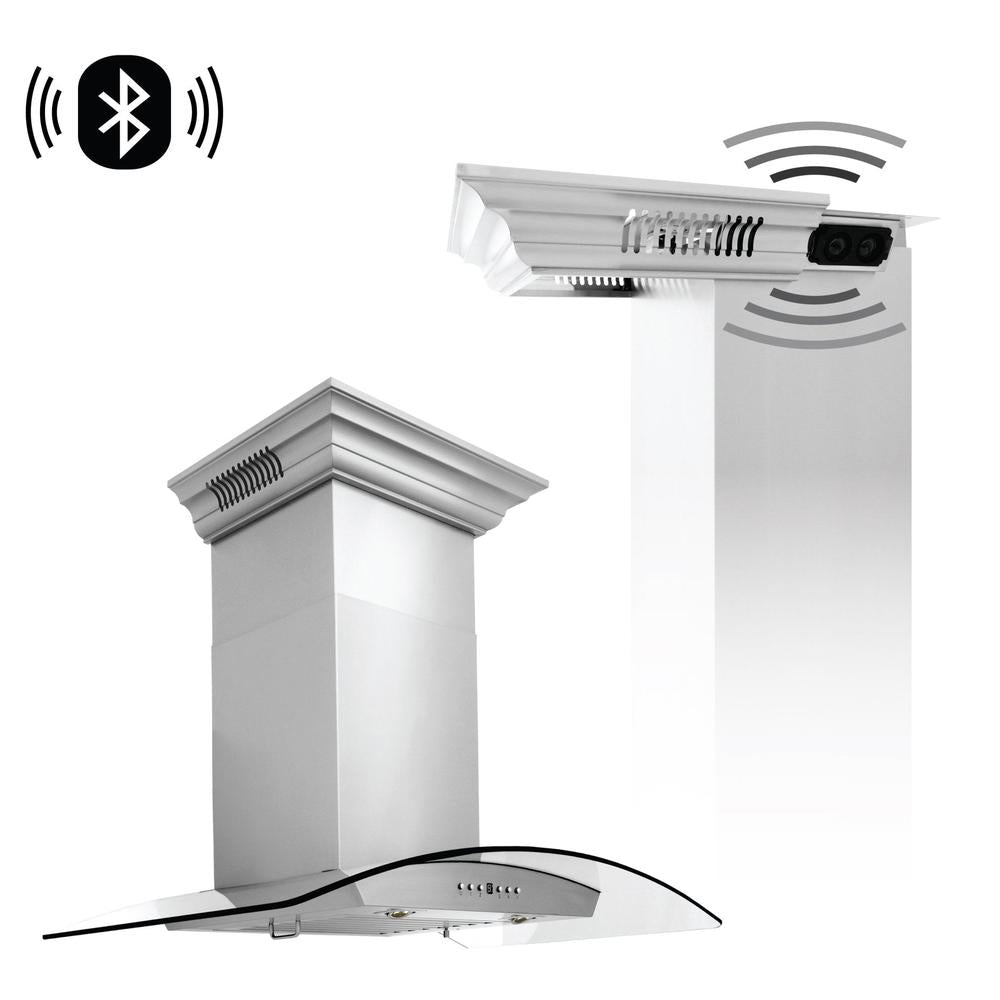 ZLINE Wall Mount Range Hood in Stainless Steel and Glass with Built-in CrownSound Bluetooth Speakers (KZCRN-BT) main image.