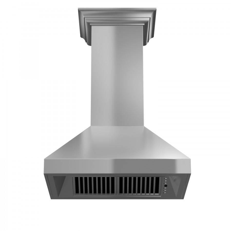 ZLINE Professional Convertible Vent Wall Mount Range Hood in Stainless Steel with Crown Molding (597CRN) front, under.