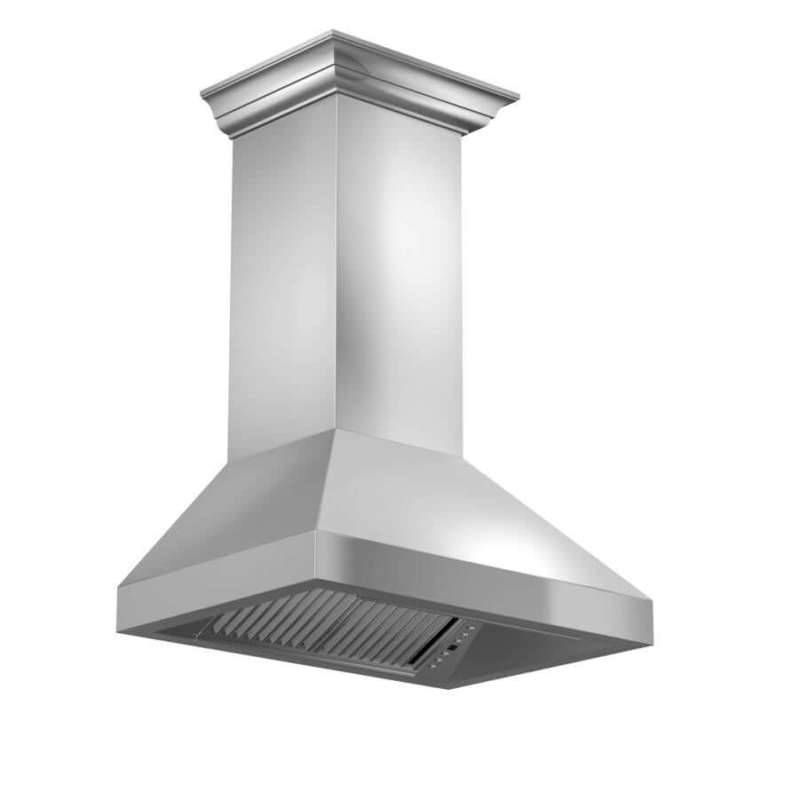 ZLINE Professional Convertible Vent Wall Mount Range Hood in Stainless Steel with Crown Molding (597CRN) side, below.