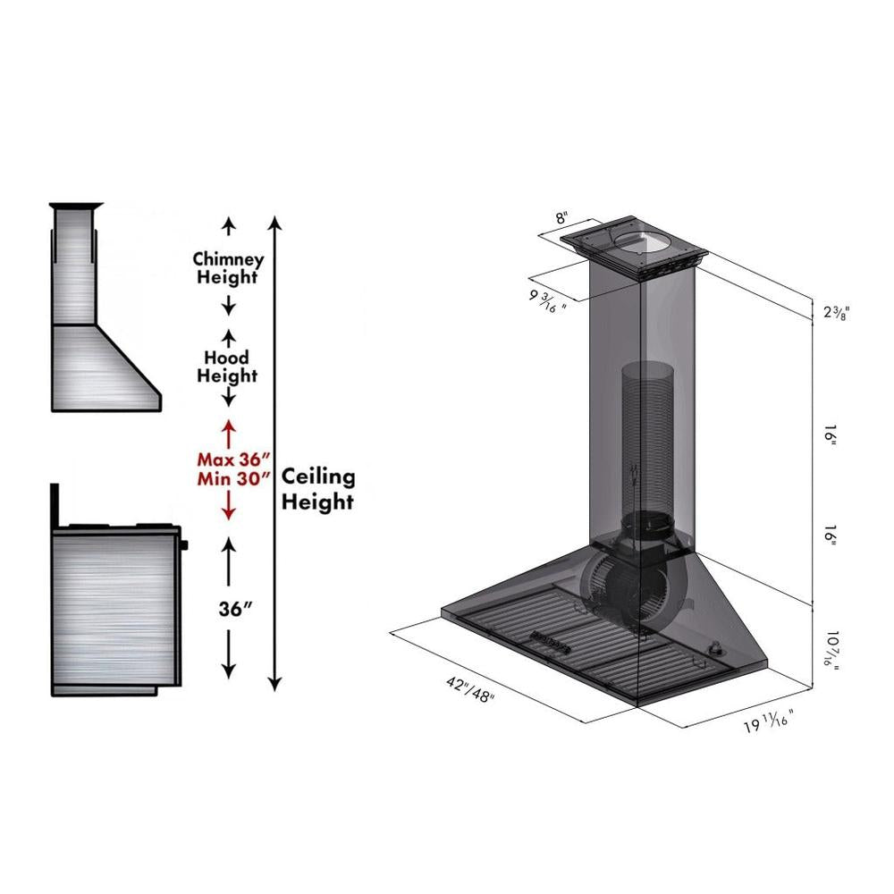 ZLINE Convertible Vent Wall Mount Range Hood in Stainless Steel with Crown Molding (KL2CRN) 42-inch and 48-inch dimensional diagram and chimney height guide.